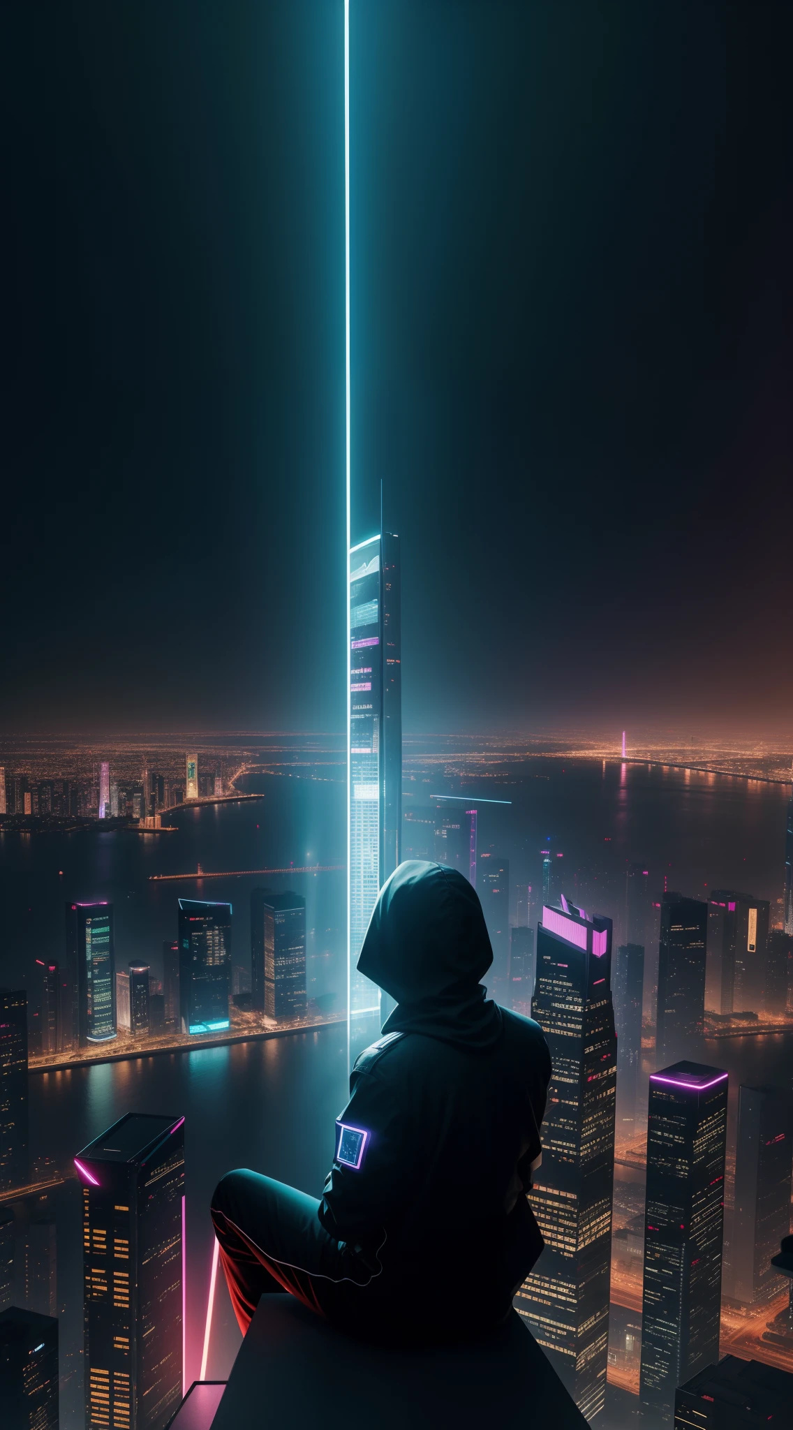 "Imagine uma cena hipnotizante no estilo cyberpunk, perched atop a skyscraper in a vibrant Tokyo city. The lone figure of a person sitting on top of this futuristic building, shrouded in an aura of mystery and intrigue. The city's RGB lights create a spectacle of dazzling colors, that reflect on the glass surfaces of nearby buildings. Technological fog hangs in the air, giving an ethereal atmosphere to this nocturnal setting. A pessoa parece absorta em pensamentos, contemplando a paisagem urbana abaixo, onde hologramas e letreiros digitais brilham intensamente, contributing to the unique essence of the cyber landscape. Every detail of this image conveys a distinct sense of futurism, while also suggesting an intriguing story waiting to be unraveled."