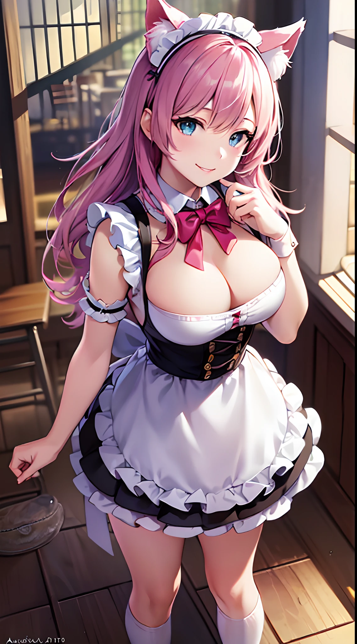 (a closeup of an anime character doing a sexy pose), ((shot from below, giantress angle)), (anime cat girl with pink cat ears and wavy and loose pink hair, in a maid costume), full body commission, commission for high resolution, (maid outfit), (anime girl in a maid costume, cosplay of a cat) (short dress), oc commission, in pixiv, cute anime cat, (waitress) girl, catgirl anime, beautiful maid, full body commission for anime, hyper realistic texture, realistic photo, ultra detailed, no drawing edges, Smiling! , photorealistic, texture of ultra realistic clothes, Natural lighting, realistic lighting, no dark edges, detailed shadows, ultra realistic photo, absurd realistic, realism, no drawing edges, ultra absurd photorealistic, mega realistic hair, mega realistic clothes, absurdly realistic details, no deformities, no drawing edges, no drawing lines, 8K, 4K