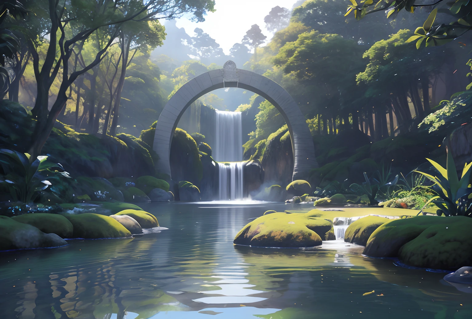 There is a painting of a waterfall in a forest with a bridge, Tran Ross. scenic background, beautiful render of a fairytale, fantasy scenic, realistic fantasy rendering, Portal Florestal, bela arte conceitual 3D, beautiful render of a landscape, paisagem de arte de fantasia, wonderland portal, Unreal Engine Arte de fantasia, stuning fantasia 3 d render, ambiente florestal de fantasia