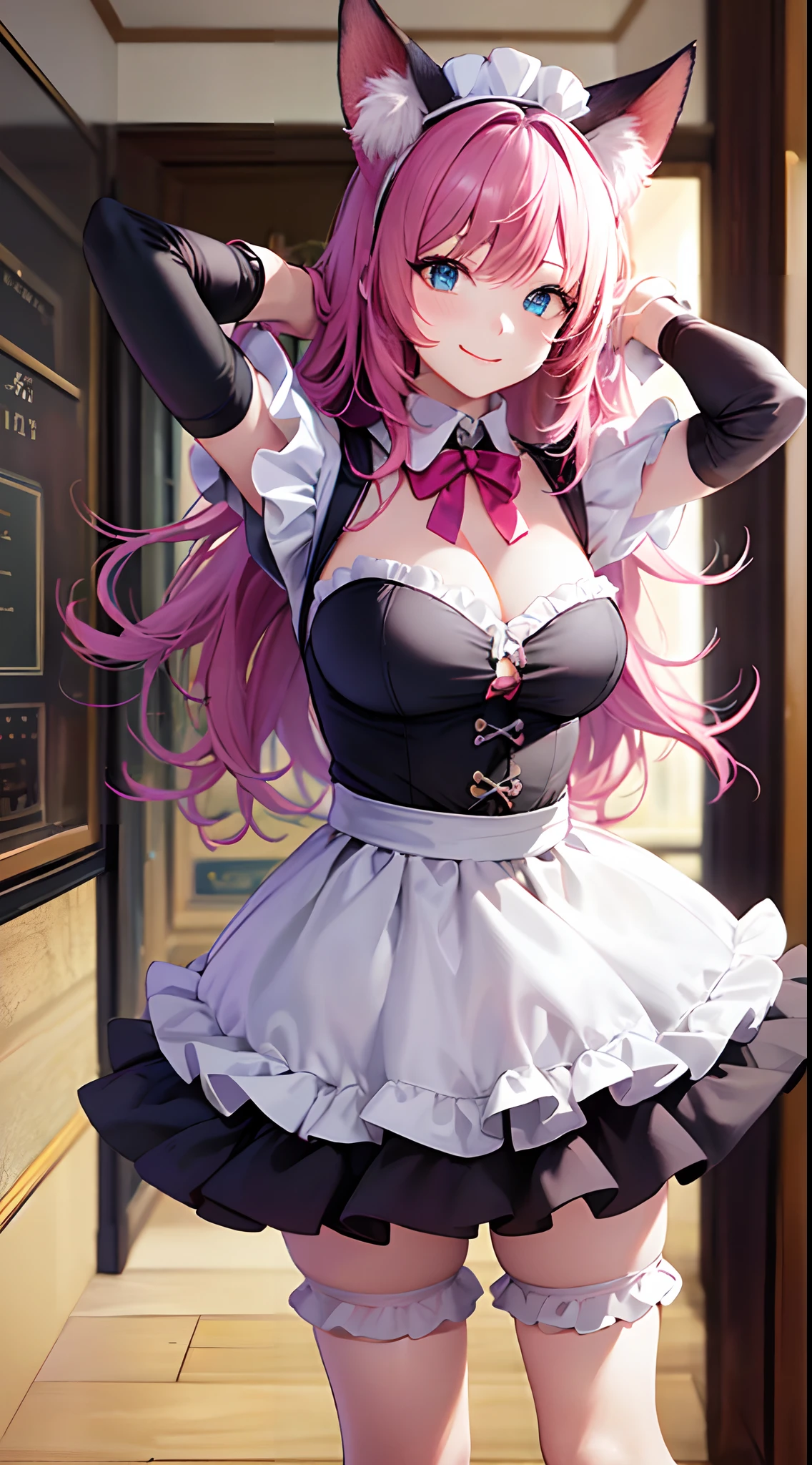(a closeup of an anime character doing a sexy pose), shot from below, (anime cat girl with pink cat ears and wavy and loose pink hair, in a maid costume), full body commission, commission for high resolution, (maid outfit), (anime girl in a maid costume, cosplay of a cat) (short dress), oc commission, in pixiv, cute anime cat, (waitress) girl, catgirl anime, beautiful maid, full body commission for anime, hyper realistic texture, realistic photo, ultra detailed, no drawing edges, Smiling! , photorealistic, texture of ultra realistic clothes, Natural lighting, realistic lighting, no dark edges, detailed shadows, ultra realistic photo, absurd realistic, realism, no drawing edges, ultra absurd photorealistic, mega realistic hair, mega realistic clothes, absurdly realistic details, no deformities, no drawing edges,  no drawing lines, 8K, 4K