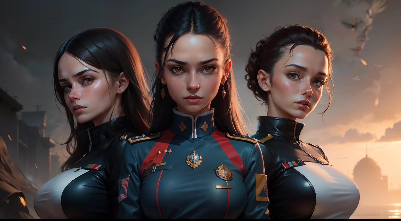 Three women in military uniforms posing for a photo, Wojtek FUS, Obra-prima da CGSOCIETY, deviantart artstation cgscosiety, trending in the artstation, cgssociedade, corpo inteiro, CGSetalidade 9, wlop e artgerm, CGSetnação ), CGSetnação!, Alexey Egorov, WLOP pele brilhante, CGCsociedade inspirada
