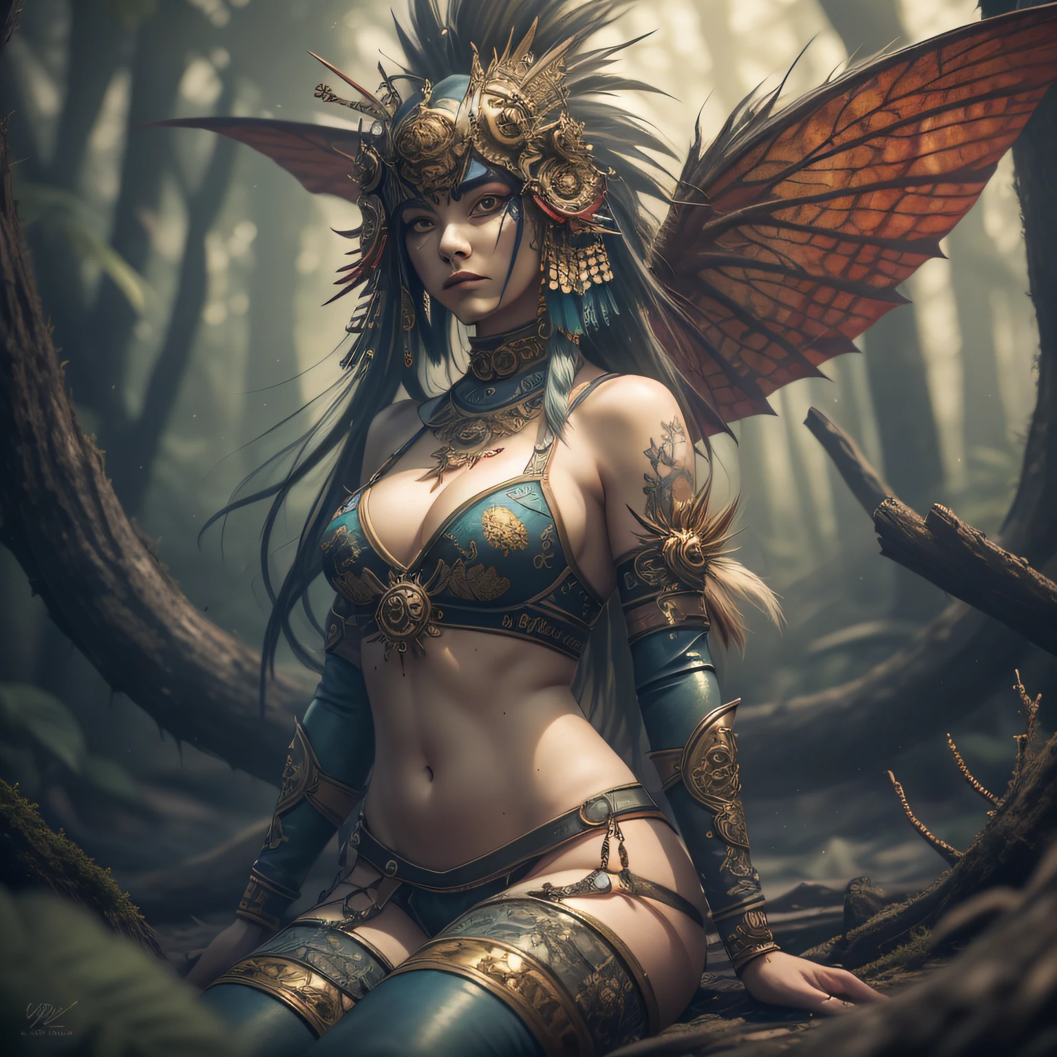 ((Best quality)), ((masterpiece)), (highly detailed:1.3), 3D, arcane style,Irt of it all is Jinx, the embodiment of unpredictability. Delve deep into the twisted mind of Jinx, exploring the origins of her madness and the driving force behind her destructive nature. Female faerie with forest in background