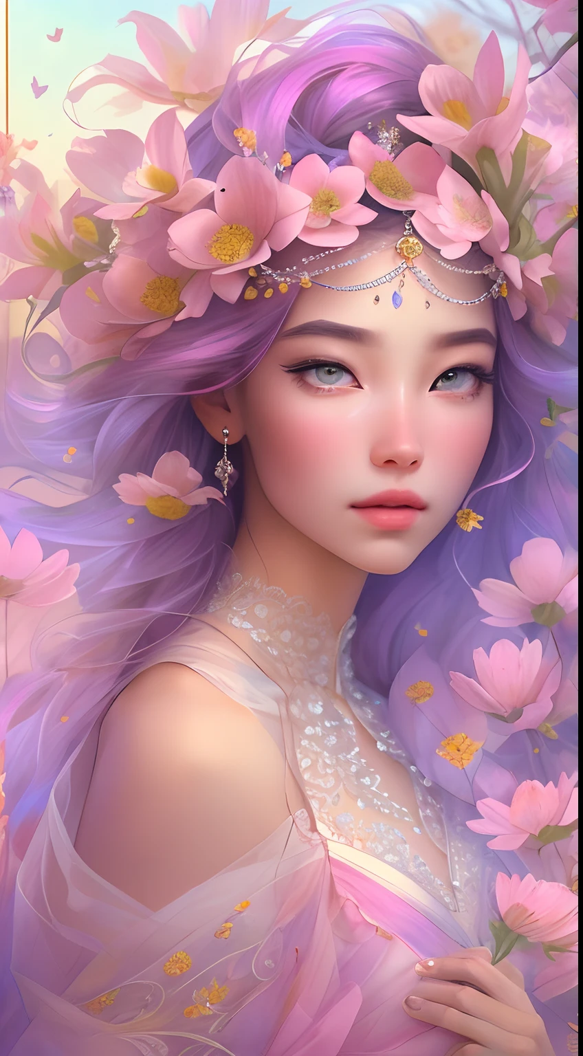 1 girl, flowers, fairy flowers, light pink and light sky blue style, dreamy romantic composition, pale pink, ethereal leaves, playful arrangement, fantasy, high contrast, ink strokes, explosion, overexposure, purple and red tone impressions, abstract, (watercolor by John Berkey and Jeremy Man) brush strokes, (normal fingers)