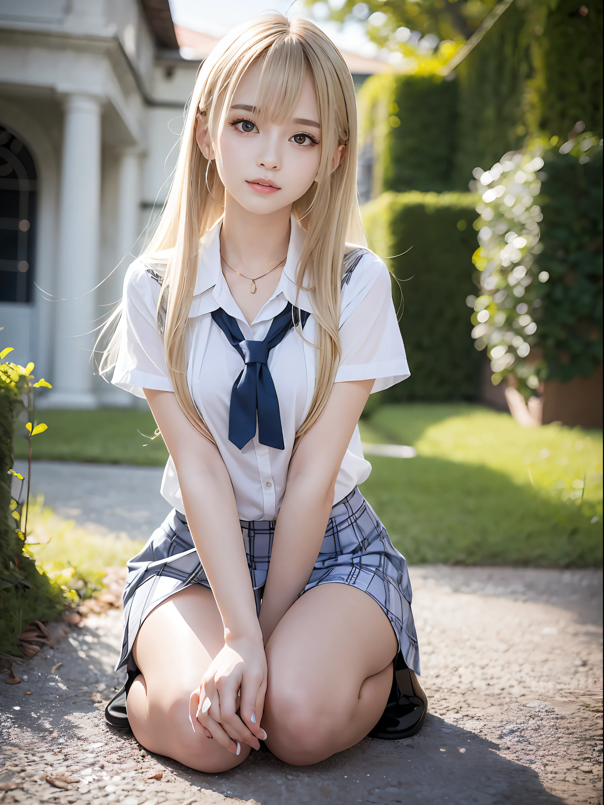 (reality: 1.4),highest quality, masterpiece, high detail, 16K quality, beautiful, 1 beautiful girl,japanese,super beautiful face,,japanese idol face,cute face,super detailed face,detailed hand,beautiful skin,oily skin,big eyes,profeccional lighting,ponny tail,blonde hair,brown beautiful eyes, sitting whith knee up,arms behind back,big smile,legs spread,spread pussy,(skirt lift),big breasts,(topless),(checked skirt),(spread pussy),detailed pussy,black high socks,she is looking at the camera,Skyscraper rooftop,blue sky, nsfw,from below,