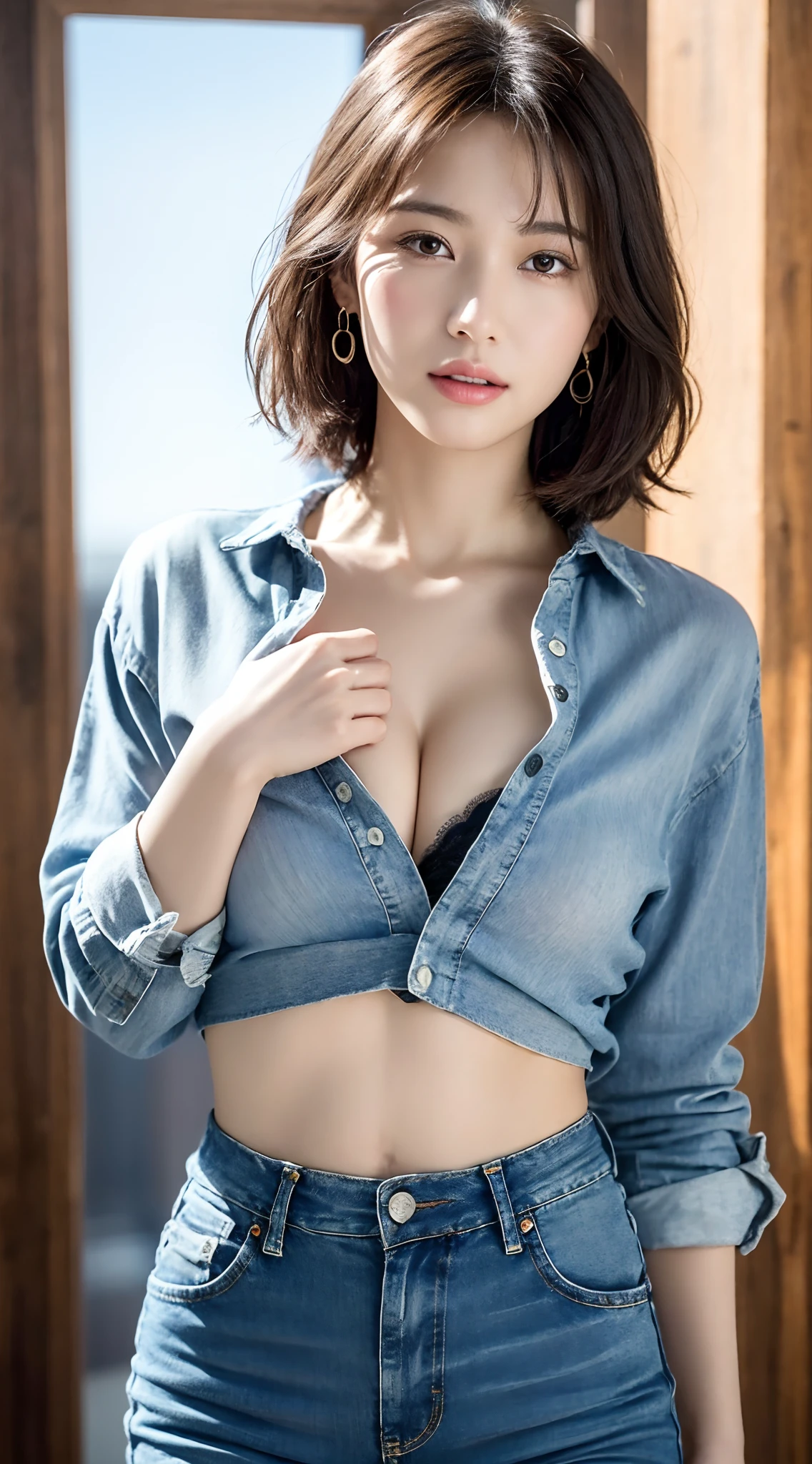 (8k, RAW photos, top quality, masterpiece: 1.2), ultra detailed, super resolution, (real, real photos: 1.37), portraits, high definition RAW color photos, professional photos, very detailed and beautiful, highly detailed, 8k wallpapers, amazing details, huge file size, official art, highly detailed CG Unity 8k wallpapers, highly detailed beautiful girls, highly detailed facesHighly detailed eyes, highly detailed skin, highly detailed fingers, highly detailed nose, highly detailed detailed mouth, perfect anatomy, detailed background, detailed clothes, one girl, (20:1.2), 20s, cute girl, realistic body, petite, white skin, radiant skin, slim body, handsome body, black hair, short hair, (dull bangs: 1.2), smile, cute, youthful, pretty face, Realistic face, delicate eyes, sagging eyes, (((men's oversized white, buttoned shirt, fully buttoned open shirt)), ((in jeans)), (((no bra)), earrings, looking at the camera, cowboy shot, front facing, standing posture, contrapposto, dynamic lighting, C cup breasts,