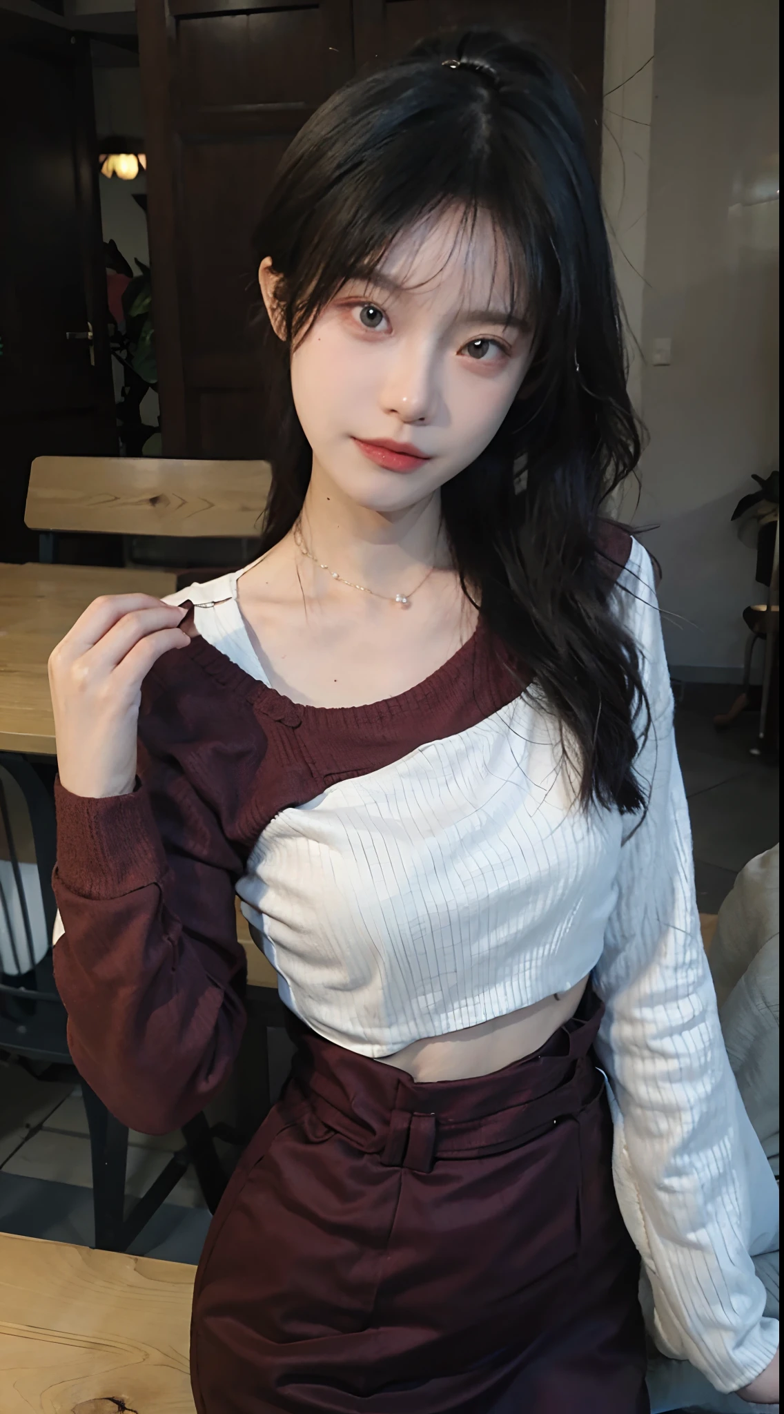 best qualtiy， 超高分辨率， （realisticlying：1.4），Baoyu Girl，1girll, with long coiled hair，Blushlush，Looking into the distance，nedium breasts，Cropped red sweatshirt，a sense of atmosphere，Beautiful woman with a slim figure:1.4, Pronounced abs，Ultra-fine face，Elaborate Eyes，二重まぶた，choker necklace