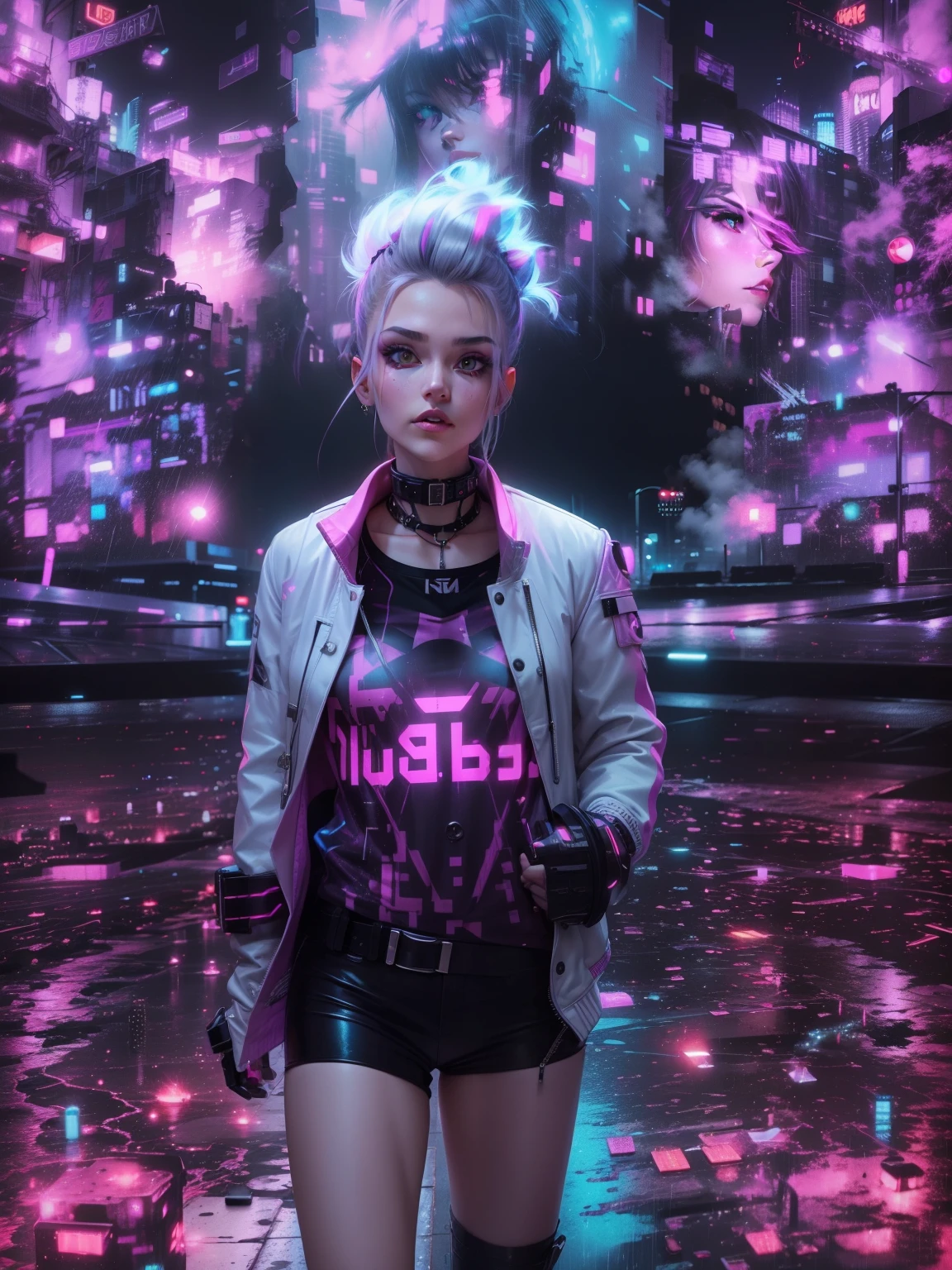 lucy \(cyberpunk\), 1cute boy, hair scrunchie, hime cut, silver hair, colored tips, full moon, grey eyes, jacket, long sleeves, looking at viewer, medium hair, multicolored hair, parted bangs, parted lips, pink hair, portrait, red eyeliner, red lips, solo, white jacket, cyberpunk \(series\), rainy night in a cyberpunk city with glowing neon lights