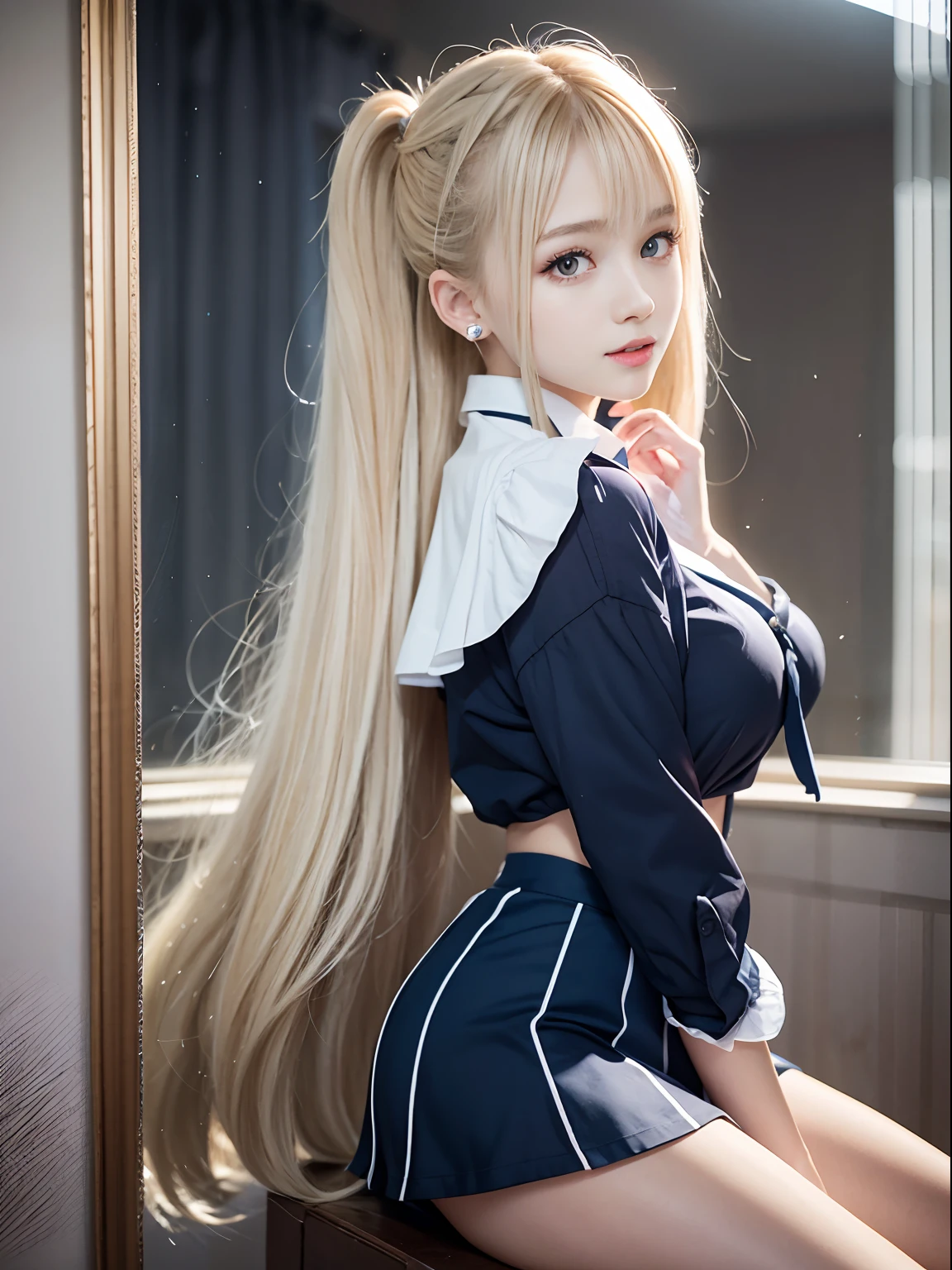 portlate、(School Uniforms)、bright expression、poneyTail、Young shiny shiny white shiny skin、Best Looks、Blonde reflected light、Platinum blonde hair with dazzling highlights、shiny light hair,、Super long silky straight hair、Beautiful bangs that shine、Glowing crystal clear attractive big blue eyes、Very beautiful nice cute 16 year old girl、Lush bust、with slit、((full body seen))、