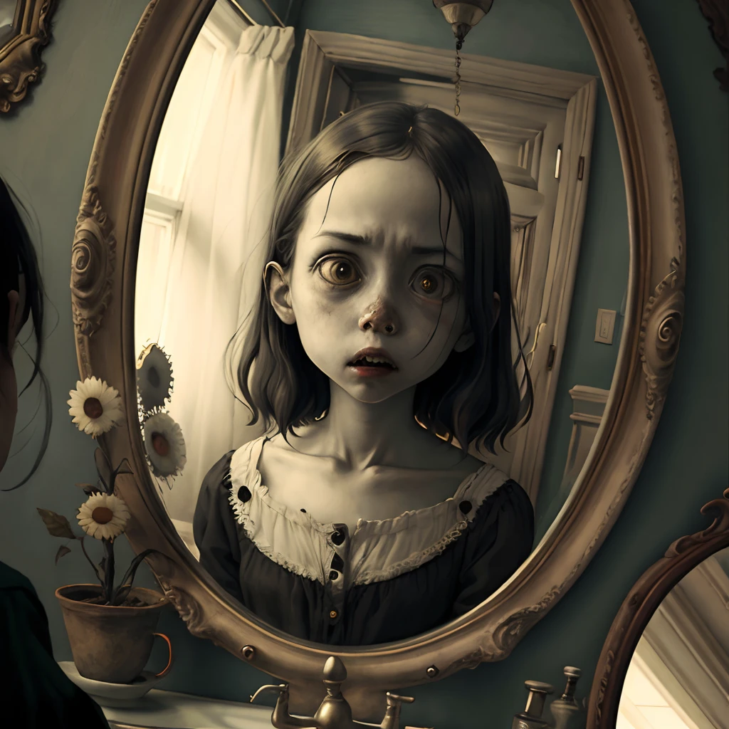 Girl in fright.it is not reflected in the mirror...