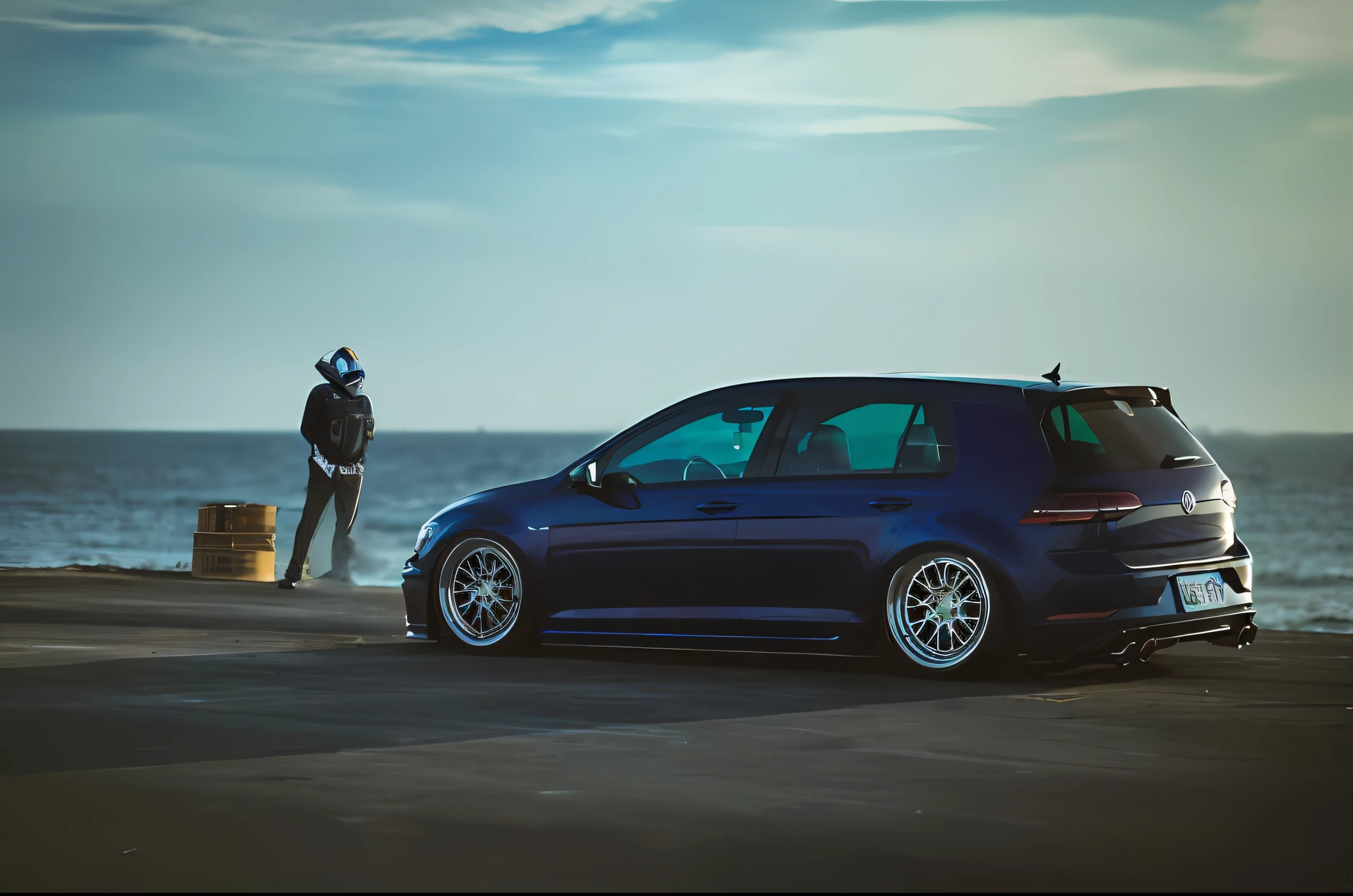 The Alafard Blue Volkswagen Golf is parked on the pier，In the background stands a man, epic stance, shot at golden hour, Wide body, vehicle photography, perfectly poised, wrx golf, blue colors, tuning, automotive photography, taken at golden hour, automotive photography, angled, skewed shot, in front of a garage, profile shot, Low Dutch angle