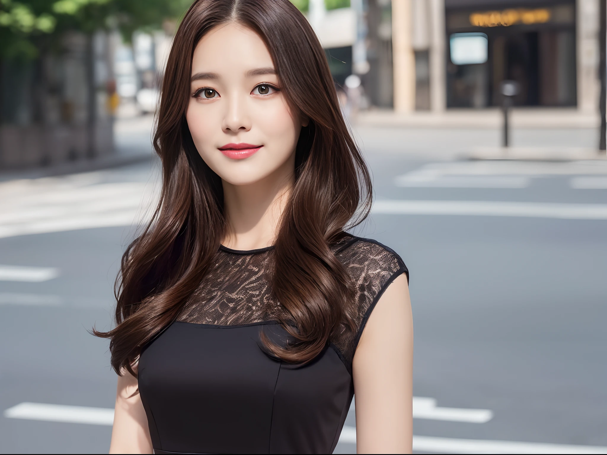 ((top quality, 8k, masterpiece: 1.3)), 1 girl, smile, full body, slim face, pretty woman, (dark brown hair), full-length dress: 1.1, ultra detailed face, detailed eyes, double eyelids, blurred background, slim face, city, outside, street, big