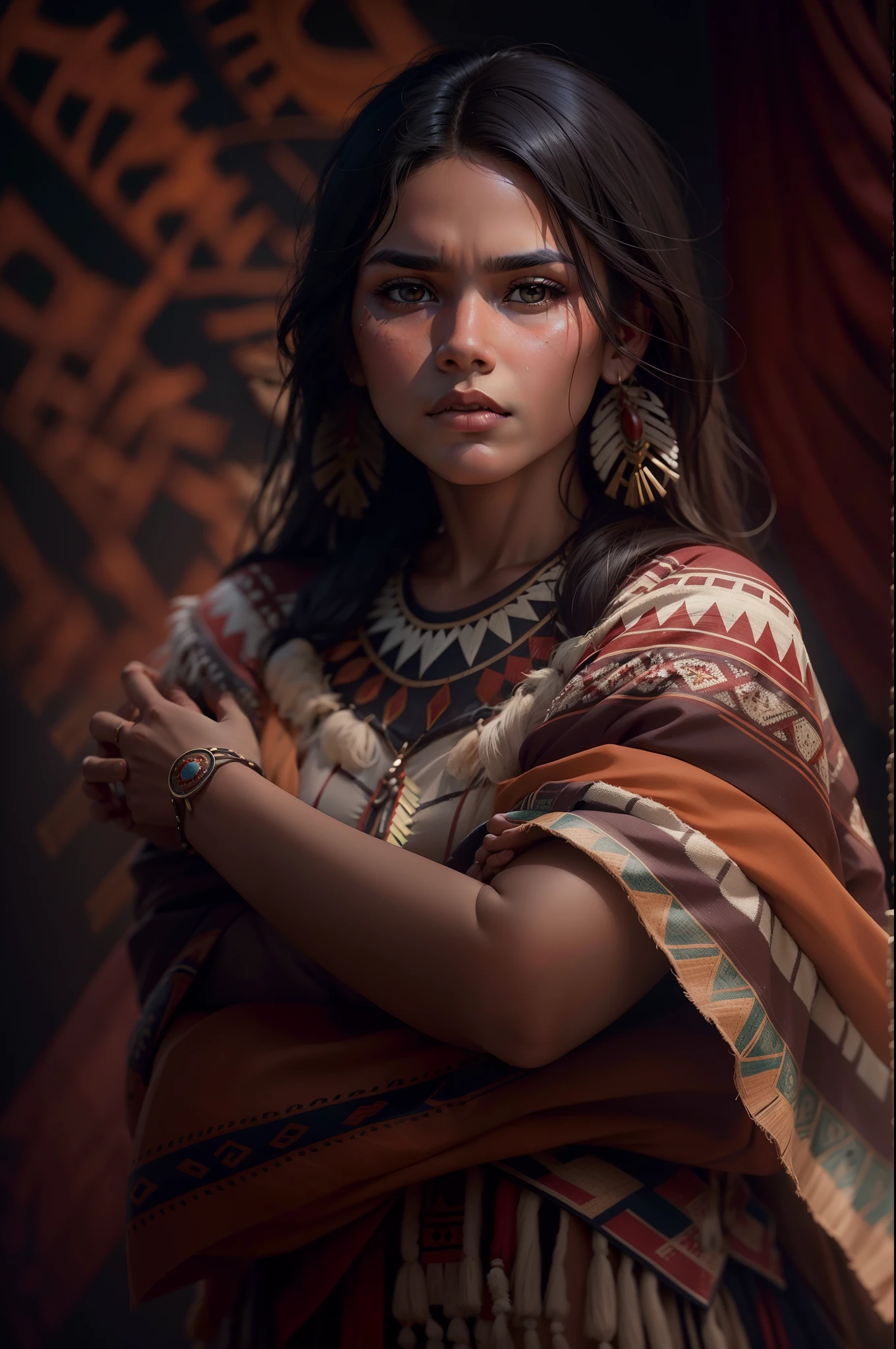 A beautiful indigenous woman with folded arms, cabelos pretos longos cacheados com franja, rosto bonito, imagem alto detalhe, simetria, Muitos detalhes, corpo inteiro, corpo definido, Realismo, Cinematic lighting, super detalhe