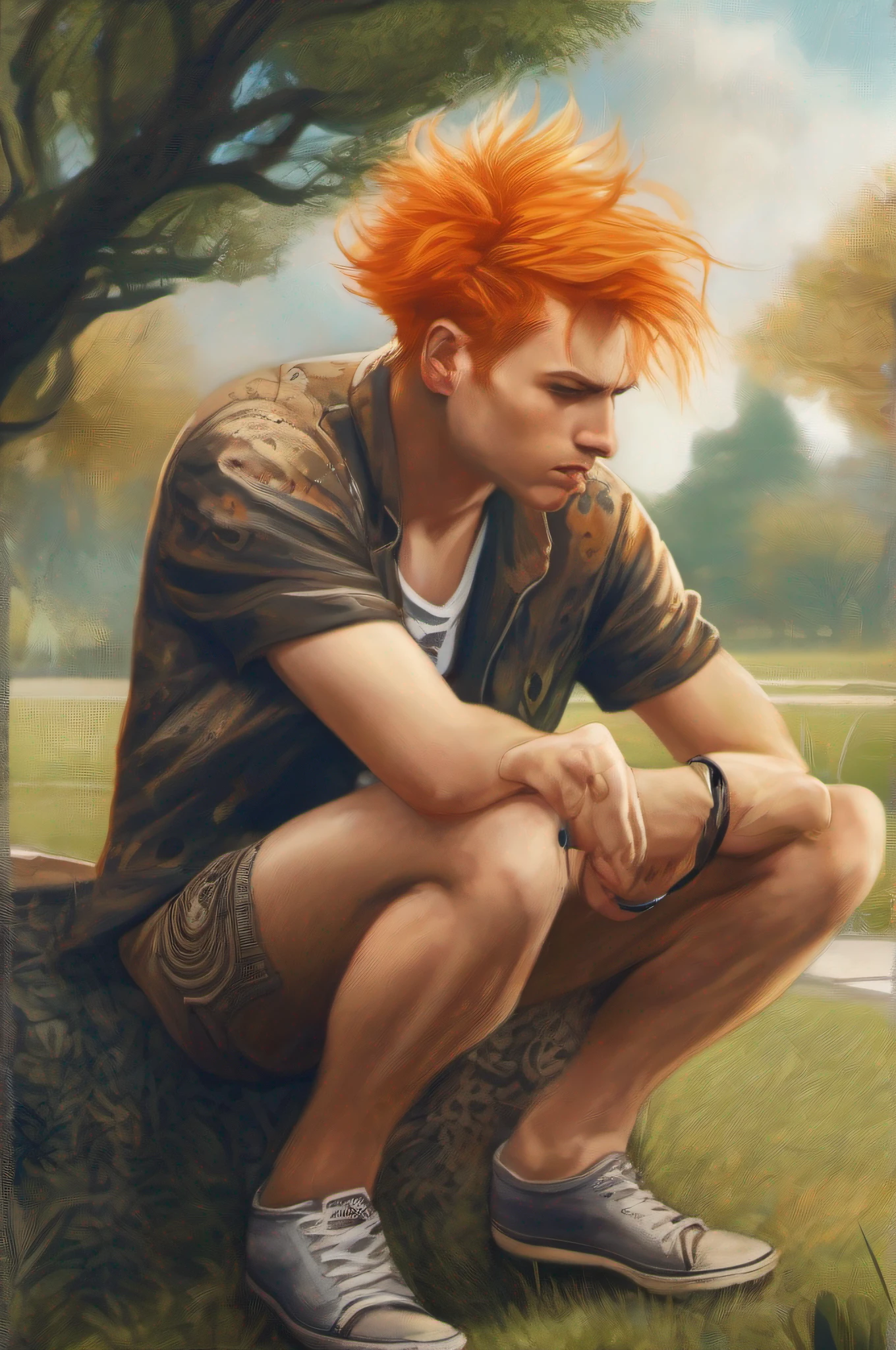 An artistic composition with a person with orange hair casually crouched in a park, Catching his indifferent expression, hot pants, The focus is on his unique sense of style, particularmente suas calcinhas brancas espreitando por baixo do traje."