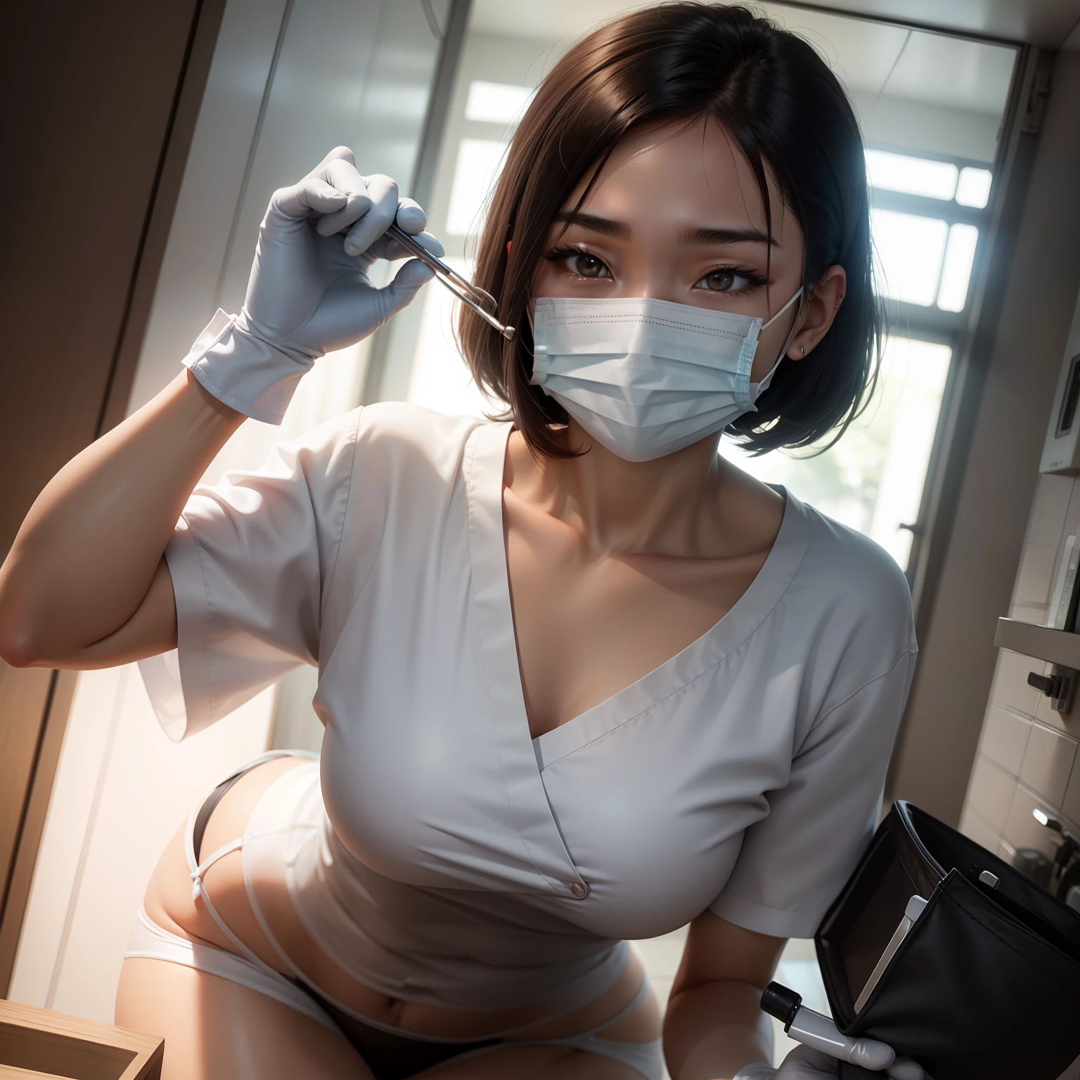 Thai Women、20yr old、be shy、Human skin feel、Realistic Woman、Dental Hygienist、dentistry、dentist、Solo Shot、short-cut、surgical mask、masks、gloves、rubber glove、