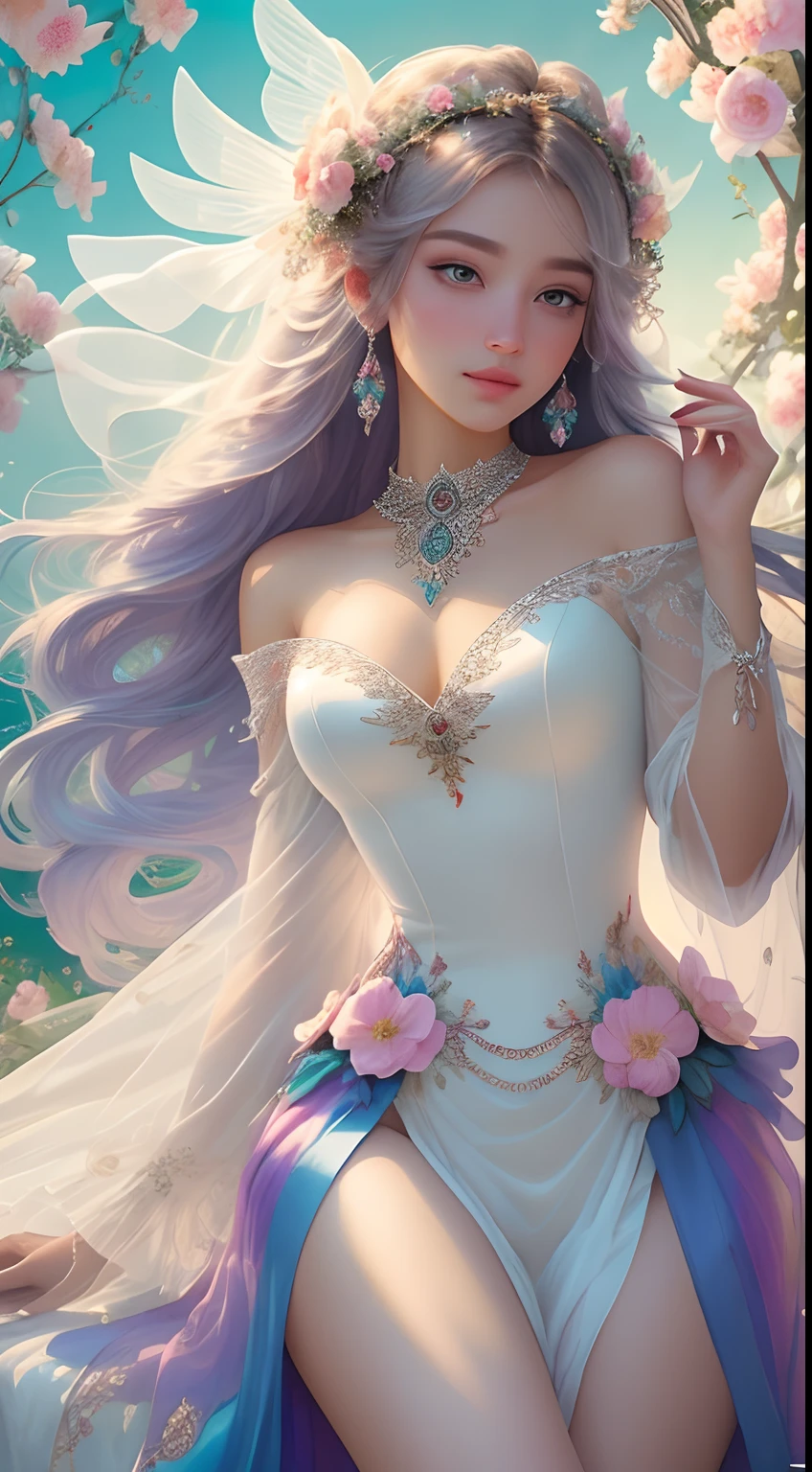 The colors in this image are soft and draw inspiration from gentle watercolors and should be primarily pink. Generate a delicate and tranquil flower princess with soft hair dancing in the wind and intricately braided. Her sweet face has puffy, kissable lips and stunning, highly realistic eyes. She has beautiful eyes, hires eyes, 8k eyes, beautiful detail eyes, beautiful detailed eyes, realistically shaded eyes, and realistic eyes in vibrant colors. She is wearing delicately detailed fabric of gossamer silk and satin. Small pink gemstones and cream pearls detail her clothing. She sits in the midst of the most beautiful meadow in the world and is surrounded by beautiful flowers of varying sizes and colors. The background is wild and unruly, with delicate flowers dancing in the wind and creating a dynamic and compelling image. An ornately flowered headdress adorns her head and soft petals fall around her. The flowers are realistic and very detailed and come in different shapes and sizes, some with iridescence and others with varying shades of pink and blue. Include a soft watercolor sky. The background is wild, with delicate flowers dancing in the wind and colorful pollen filling the air. Include realistic hair and skin texture. Include fantasy details, enhanced details, iridescence, colorful glittering wind, and pollen. Pay special attention to her face and make sure it is beautifully and realistically detailed. The image should be dreamy and ethereal. Include intricate fantasy details. 8k, intricate, elegant, highly detailed, majestic, digital photography, art by artgerm and ruan jia and greg rutkowski surreal painting pearl butterfly filigree, flower petals, (masterpiece, finely detailed beautiful eyes: 1.2), hdr, realistic skin texture, ((ornate)), ((intricate)), ((fantasy00d:1.2)), rays of light, (add details), (add more details), highly detailed, ornate flowers, dew drops, sunlight, rays of sun