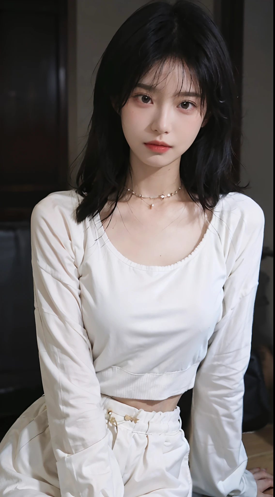 best qualtiy， Ultra-high resolution， （realisticlying：1.4），Baoyu Girl，1girll, Long straight hair，Looking into the distance，Cropped red sweater，a sense of atmosphere，Beautiful woman with a slim figure:1.4, abs:1.1,,Ultra-fine face，Elaborate Eyes，double eyelid，choker necklace