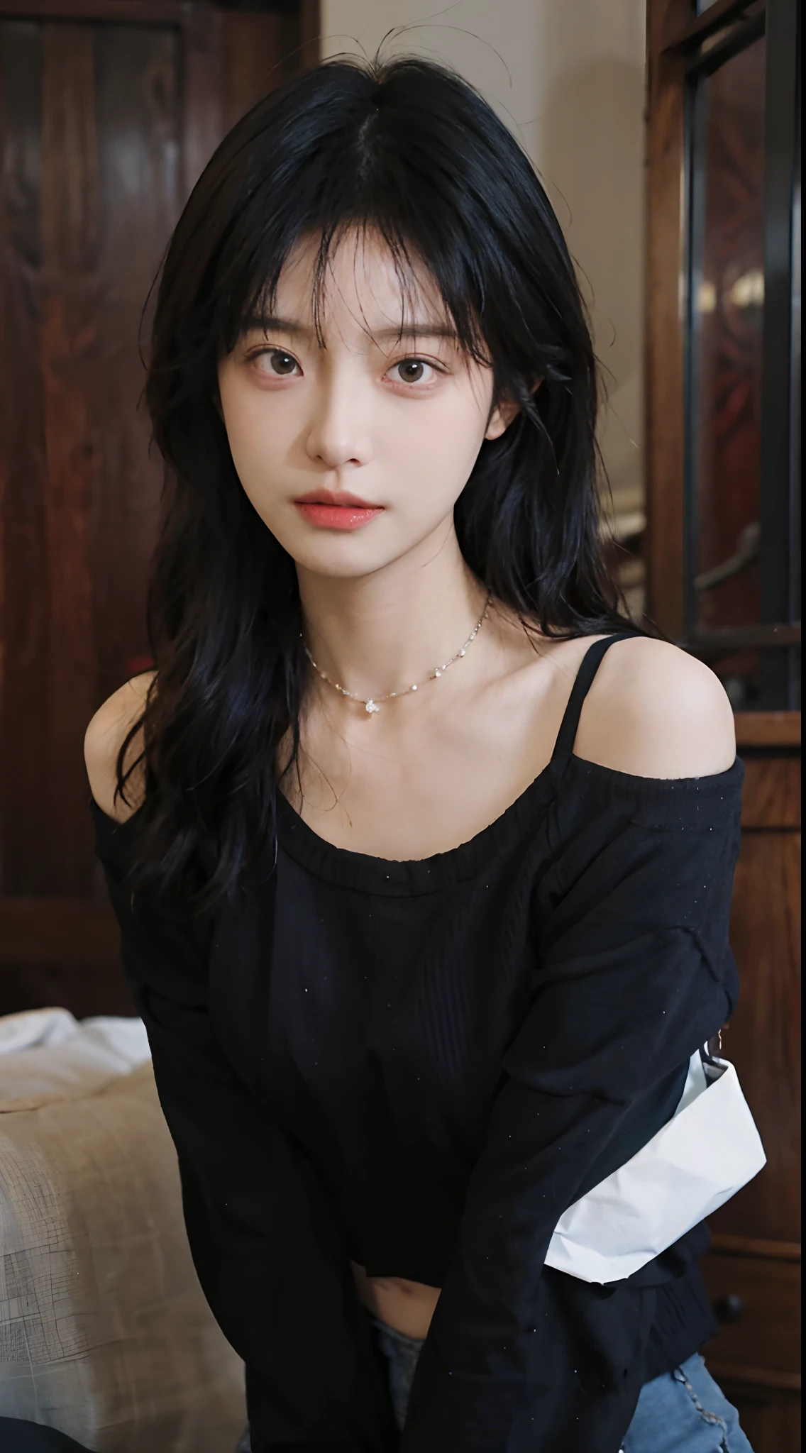 best qualtiy， 超高分辨率， （realisticlying：1.4），cute hairpin，1girll，,Cropped black sweater ，Beautiful woman with a slim figure:1.4, Abs:1.1, 浴室,Ultra-fine face，Elaborate Eyes，二重まぶた，choker necklace