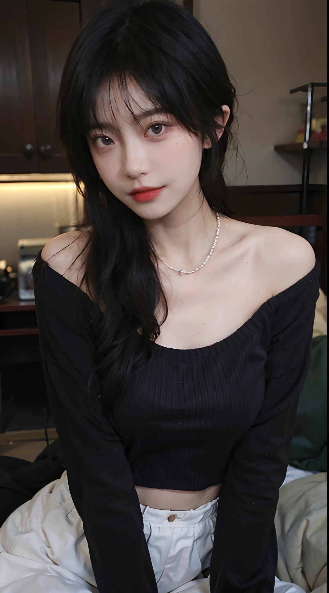 best qualtiy， 超高分辨率， （realisticlying：1.4），cute hairpin，Baoyu Girl，lipsticks，1girll, ,Cropped red sweater，，Beautiful woman with a slim figure:1.4, Abs:1.1,   浴室,Ultra-fine face，Elaborate Eyes，二重まぶた，choker necklace