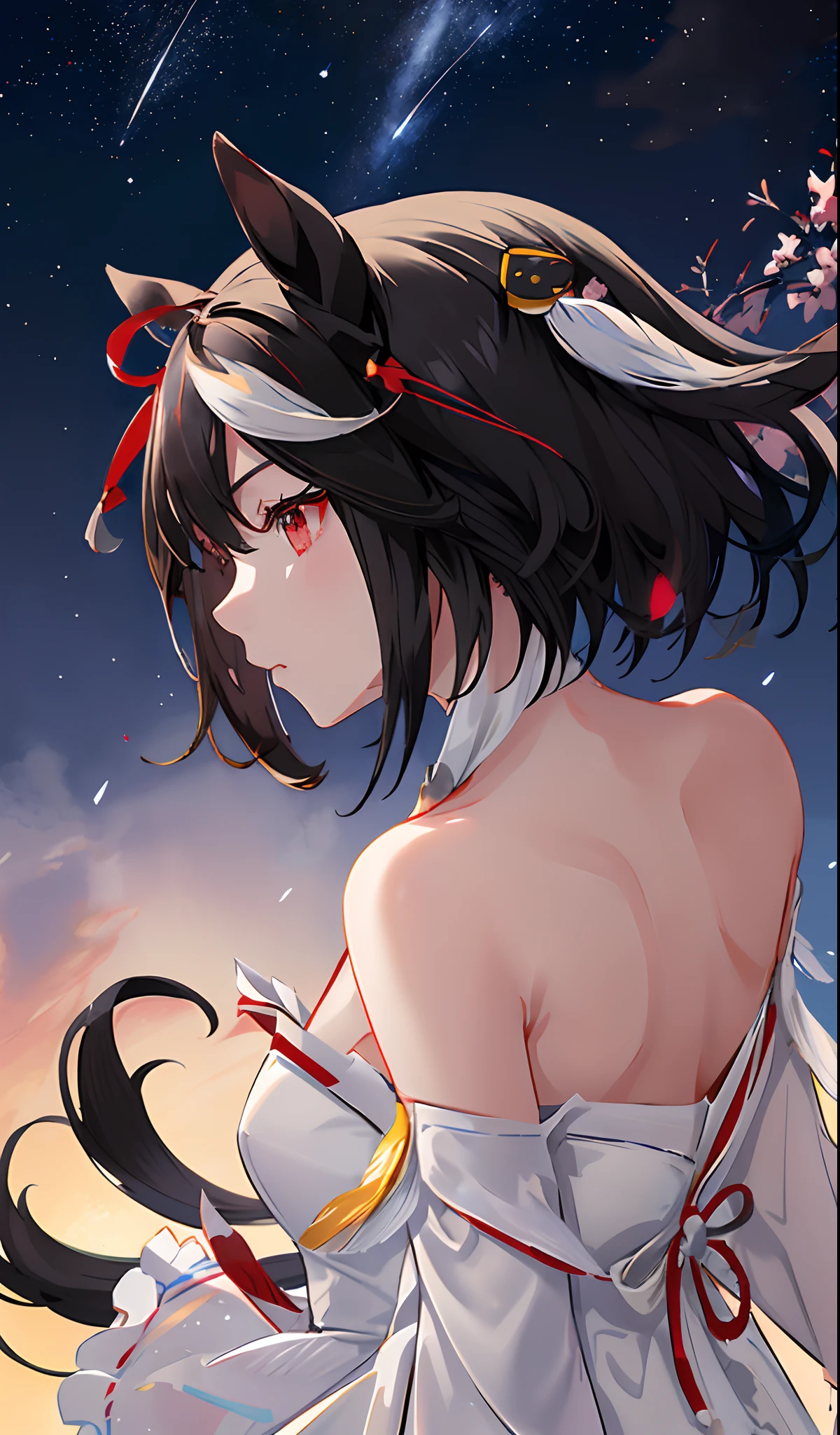 (Delicate.masutepiece)、Horse-eared girl、Black hair((Short))、hair center((white colors))、Red Eyes((Delicate.Colorful))、Marl、black horse tail、White Dress((Shoulders exposed))、Background with((starrysky))、Mysterious night space