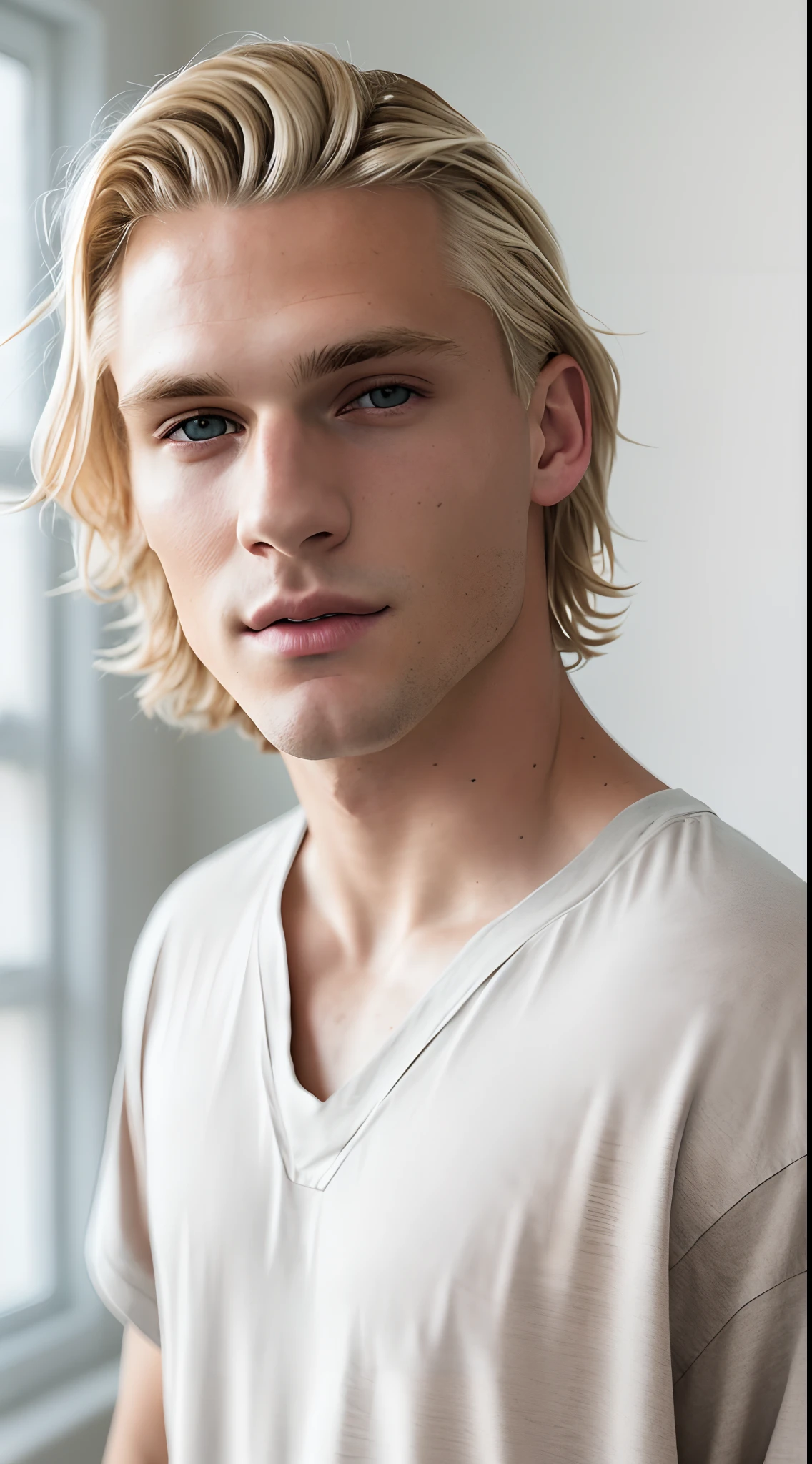 Photo in Raw, Fashion photo essay, a male model, blonde hair, light eyes, room with natural light, comfortable clothes, with contour light in the hair and soft light on the face, portrait plane, high quality, Sony A7III, 8k, 80mm 1.2 lens