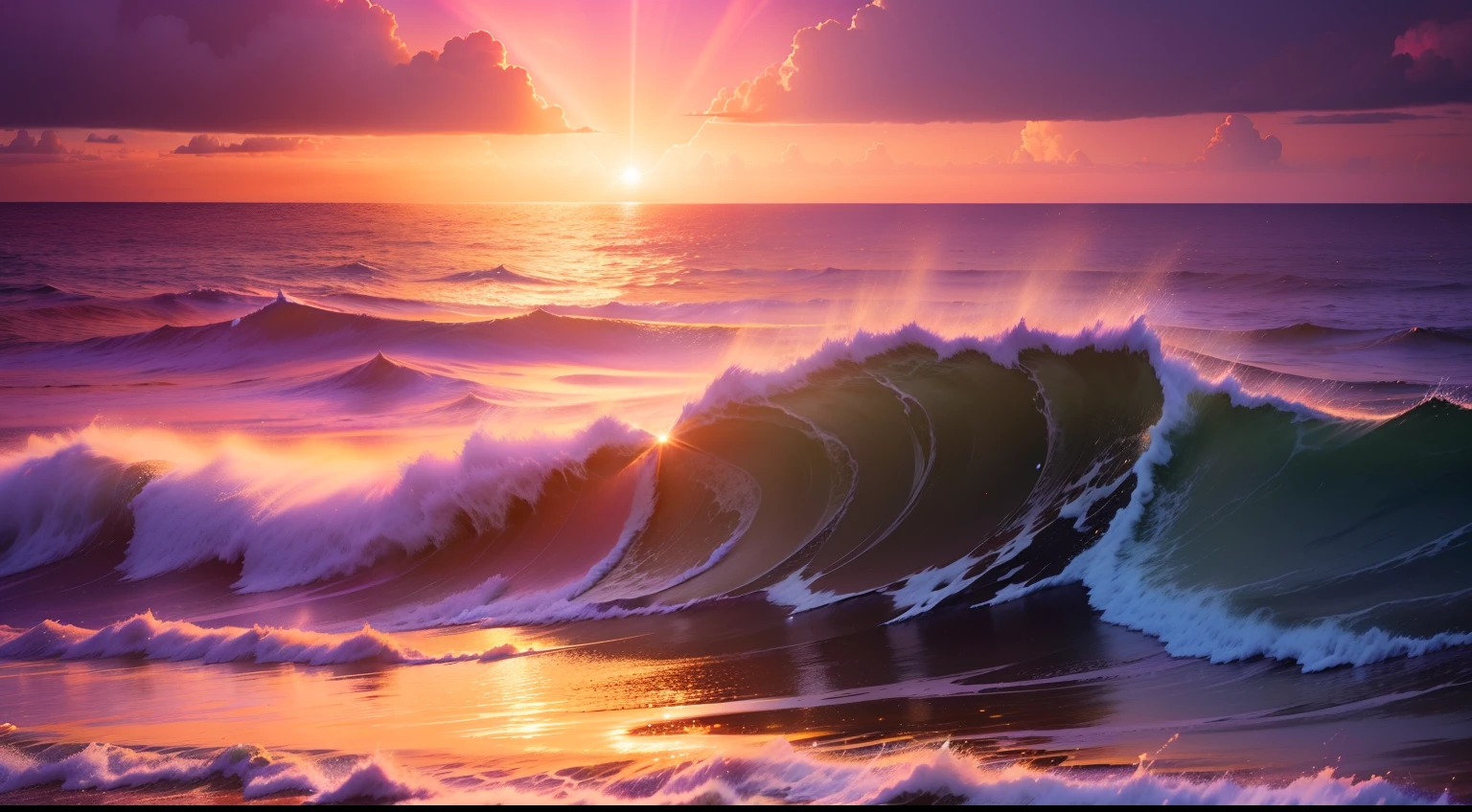 Um ultrarrealista, Close-up photographic image of a vivid golden sunrise over the ocean horizon, dramatic rays of sunshine radiating through pink and purple clouds, textura extremamente detalhada e efeitos de luz.