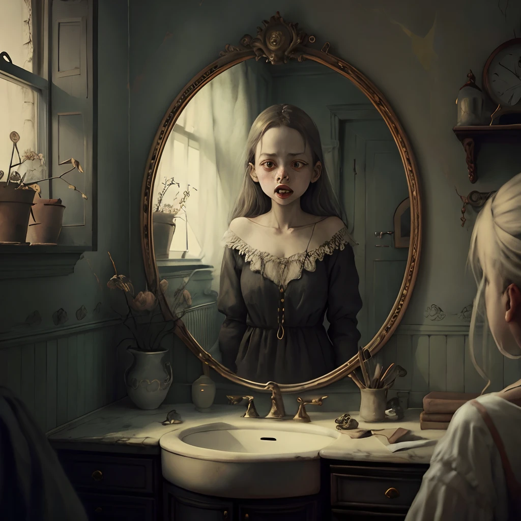 Girl in fright.it is not reflected in the mirror...