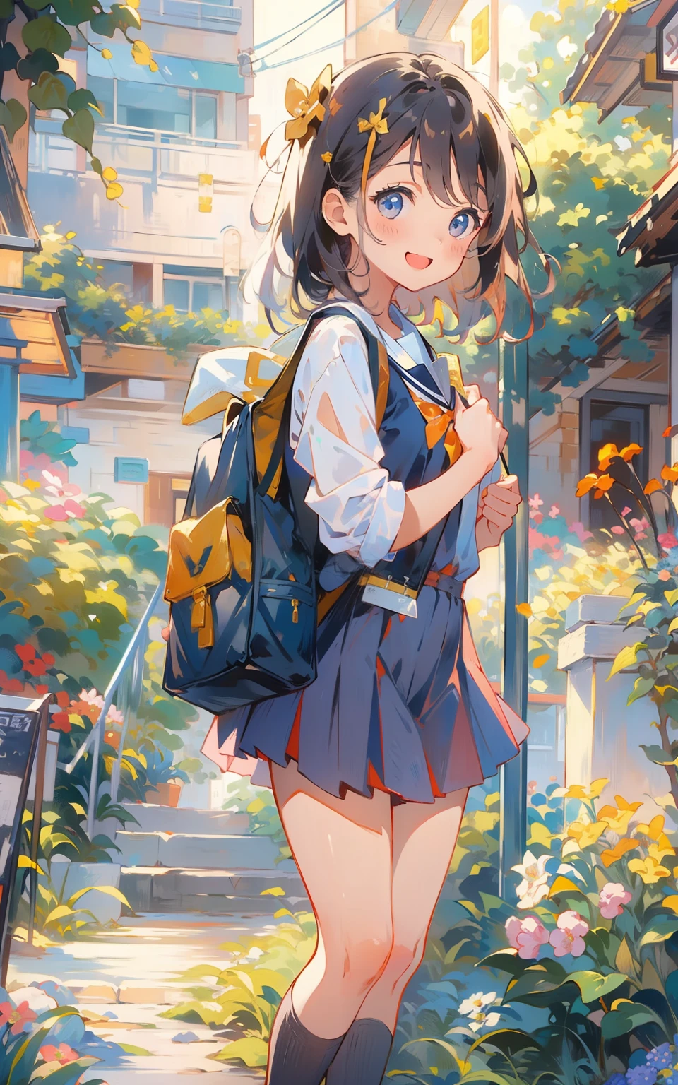 A lively girl in a youth campus: On a youthful campus,A lively girl wearing a school uniform,She was holding a school bag in her hand,The smile is bright。She stood on campus,It is surrounded by greenery and flowers,The whole scene is full of youth and vitality。
