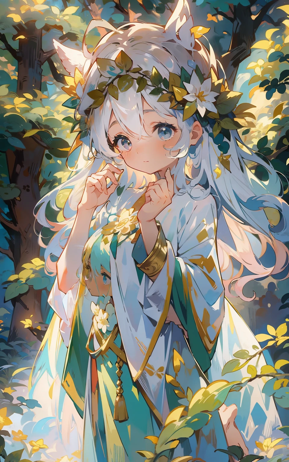 The goddess of the Secret Forest: In a mysterious forest,A goddess girl wears a gorgeous robe,Wearing a flower crown on his head,The eyes reveal wisdom and mystery。She stands in the middle of the forest,It is surrounded by green trees and a mysterious atmosphere,The whole scene is full of magic and magic。