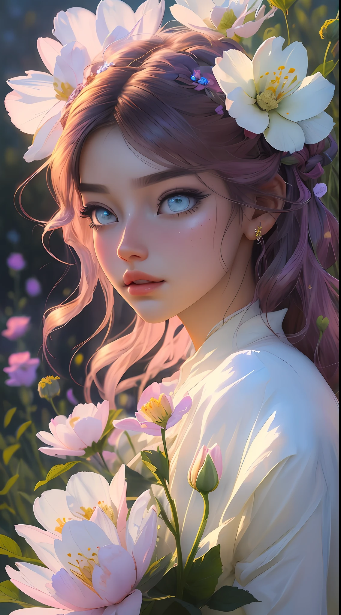 The colors in this image are soft and draw inspiration from gentle watercolors and should be primarily pink. Generate a delicate and tranquil flower princess with soft hair dancing in the wind and intricately braided. Her sweet face has puffy, kissable lips and stunning, highly realistic eyes. She has beautiful eyes, hires eyes, 8k eyes, beautiful detail eyes, beautiful detailed eyes, realistically shaded eyes, and realistic eyes in vibrant colors. She is wearing delicately detailed fabric of gossamer silk and satin. Small pink gemstones and cream pearls detail her clothing. She sits in the midst of the most beautiful meadow in the world and is surrounded by beautiful flowers of varying sizes and colors. The background is wild and unruly, with delicate flowers dancing in the wind and creating a dynamic and compelling image. An ornately flowered headdress adorns her head and soft petals fall around her. The flowers are realistic and very detailed and come in different shapes and sizes, some with iridescence and others with varying shades of pink and blue. Include a soft watercolor sky. The background is wild, with delicate flowers dancing in the wind and colorful pollen filling the air. Include realistic hair and skin texture. Include fantasy details, enhanced details, iridescence, colorful glittering wind, and pollen. Pay special attention to her face and make sure it is beautifully and realistically detailed. The image should be dreamy and ethereal. Include intricate fantasy details. 8k, intricate, elegant, highly detailed, majestic, digital photography, art by artgerm and ruan jia and greg rutkowski surreal painting pearl butterfly filigree, flower petals, (masterpiece, finely detailed beautiful eyes: 1.2), hdr, realistic skin texture, ((ornate)), ((intricate)), ((fantasy00d:1.2)), rays of light, (add details), (add more details), highly detailed, ornate flowers, dew drops, sunlight, rays of sun