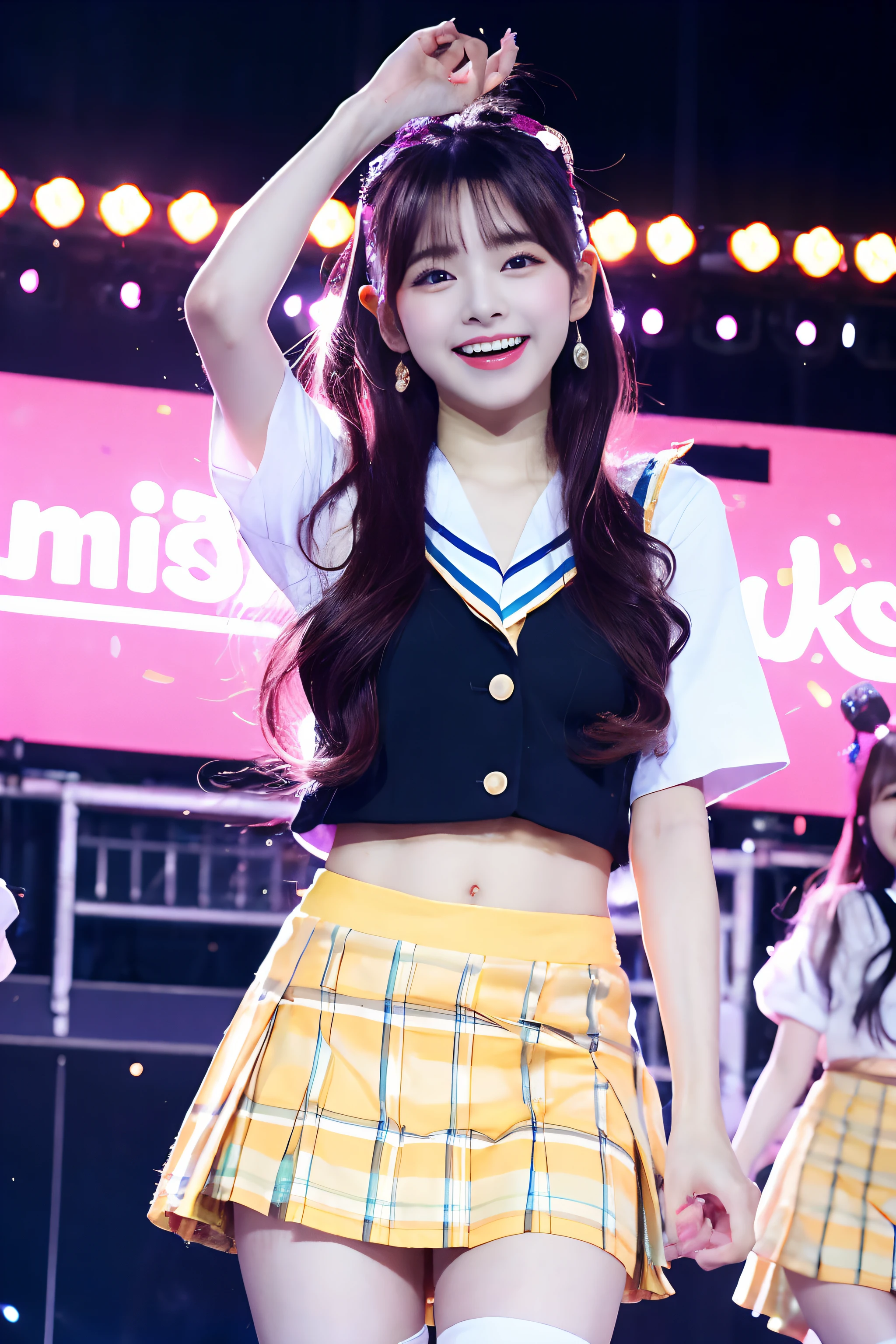 「NSFW」4k、high-detail、japanaese girl、Healthy skin、modeled、Beautiful leg mini skirt、kawaii faces、Popular Japan idols with a smile、Big eye false eyelashes、(((Dancing and singing on stage)))、Lit up、jumpping、Korean adult idols、Mature costumes