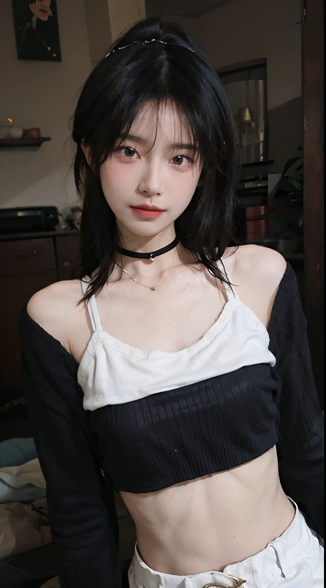 best qualtiy, 超高分辨率, (realisticlying:1.4),cute hairpin,1girll,,Cropped black sweater ,Beautiful woman with a slim figure:1.4, Abs:1.1, 浴室,Ultra-fine face,Elaborate Eyes,二重まぶた,choker necklace