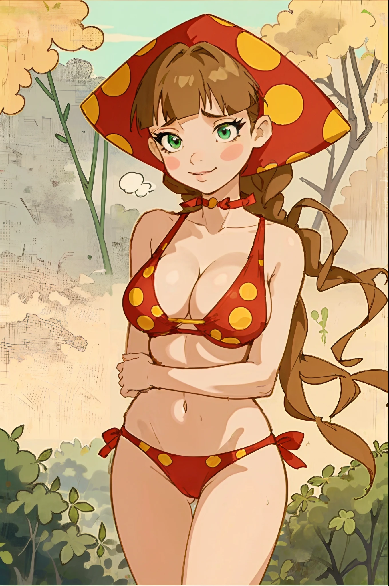 (tmasterpiece, beste-Qualit, 1girl:1.2, 独奏:1.3), Lyubava, hairlong, green colored eyes, brown-hair, braid, ((red cap with yellow circles)), headdress, blush stickers, freckles, Fully transparent swimsuit, sweat drops, woods, in the woods, thongs, sexy transparent underwear, Large cleavage, Flirtation, humble, ssmile, Sun light, big breastes, big thighs, big breastes, boobs are visible, Big tits shine through, dressless, Large cleavage, пизда