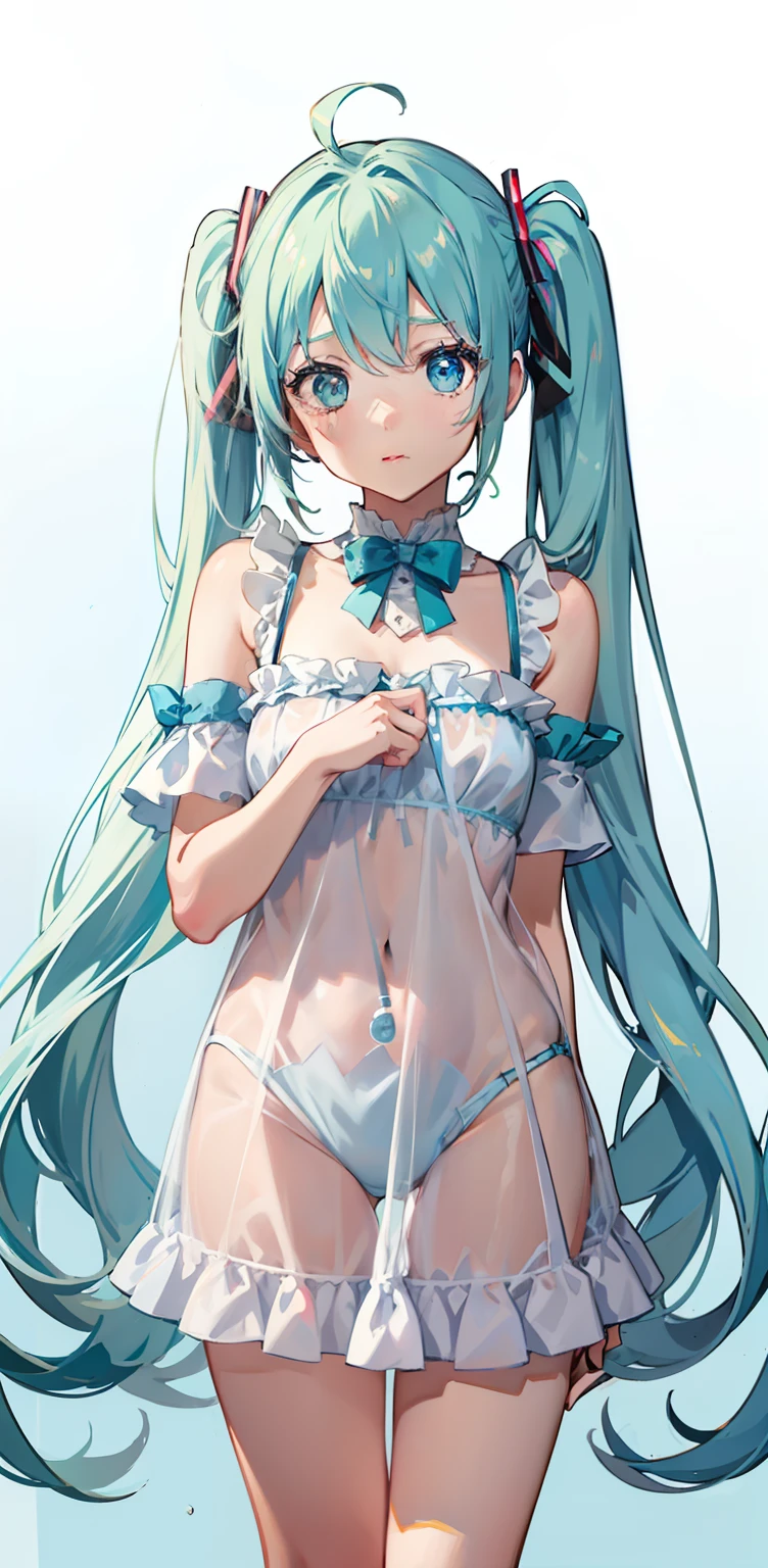 teens girl、Light blue twin tails、miku hatsune、Extra short nightdress、Ren、kawaii、with background、top-quality、1girl solo、Eau、Transparency、Protrude the inner thigh、Cute、is shy、Lie down in bed