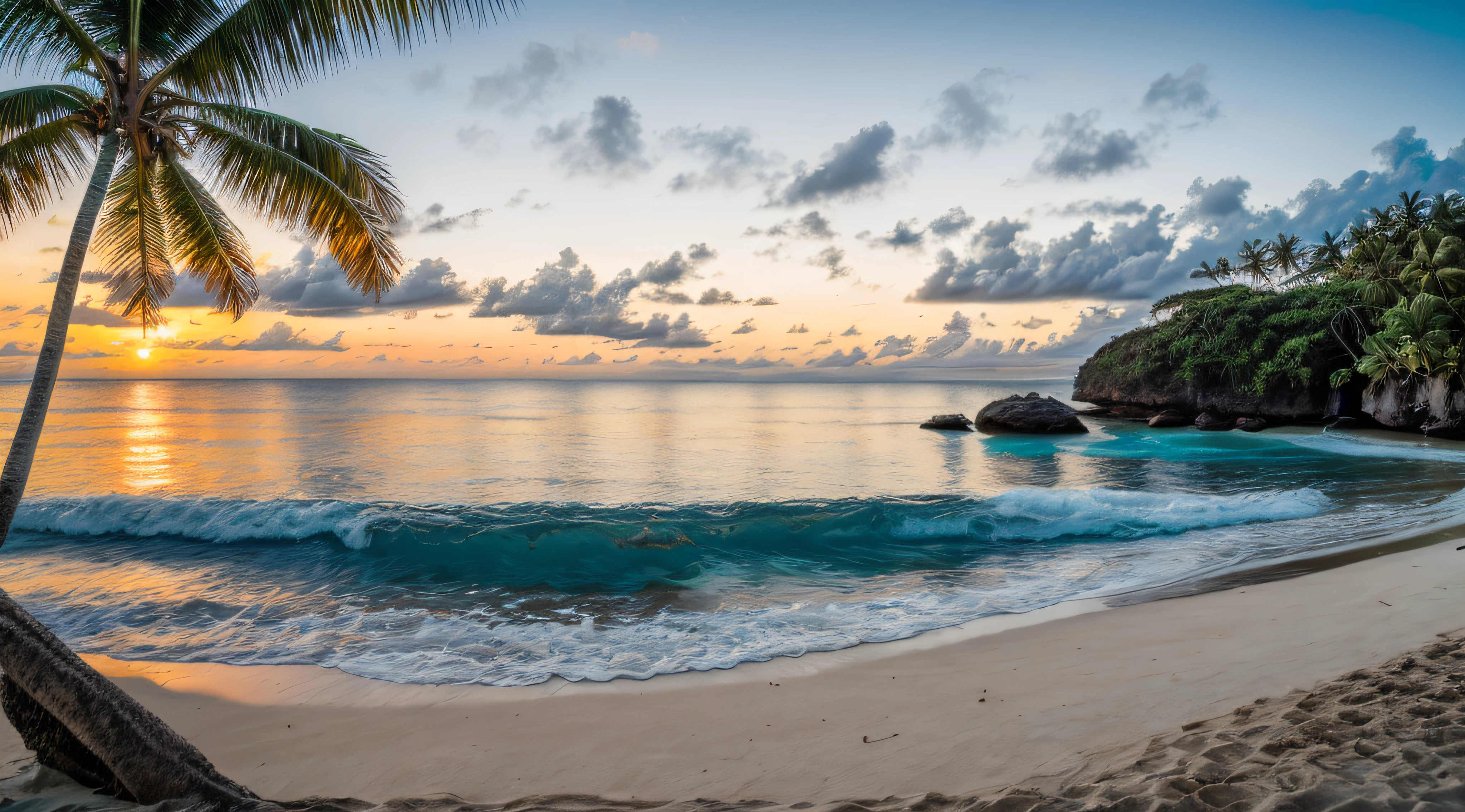 RAW photo of a paradisiacal beach, pequenos detalhes, fotorrealista, Foto Ultrarrealista, 8k UHD, DSLR, soft-lighting, alta qualidade, grain of film, Fujifilm XT3, (obra-prima)