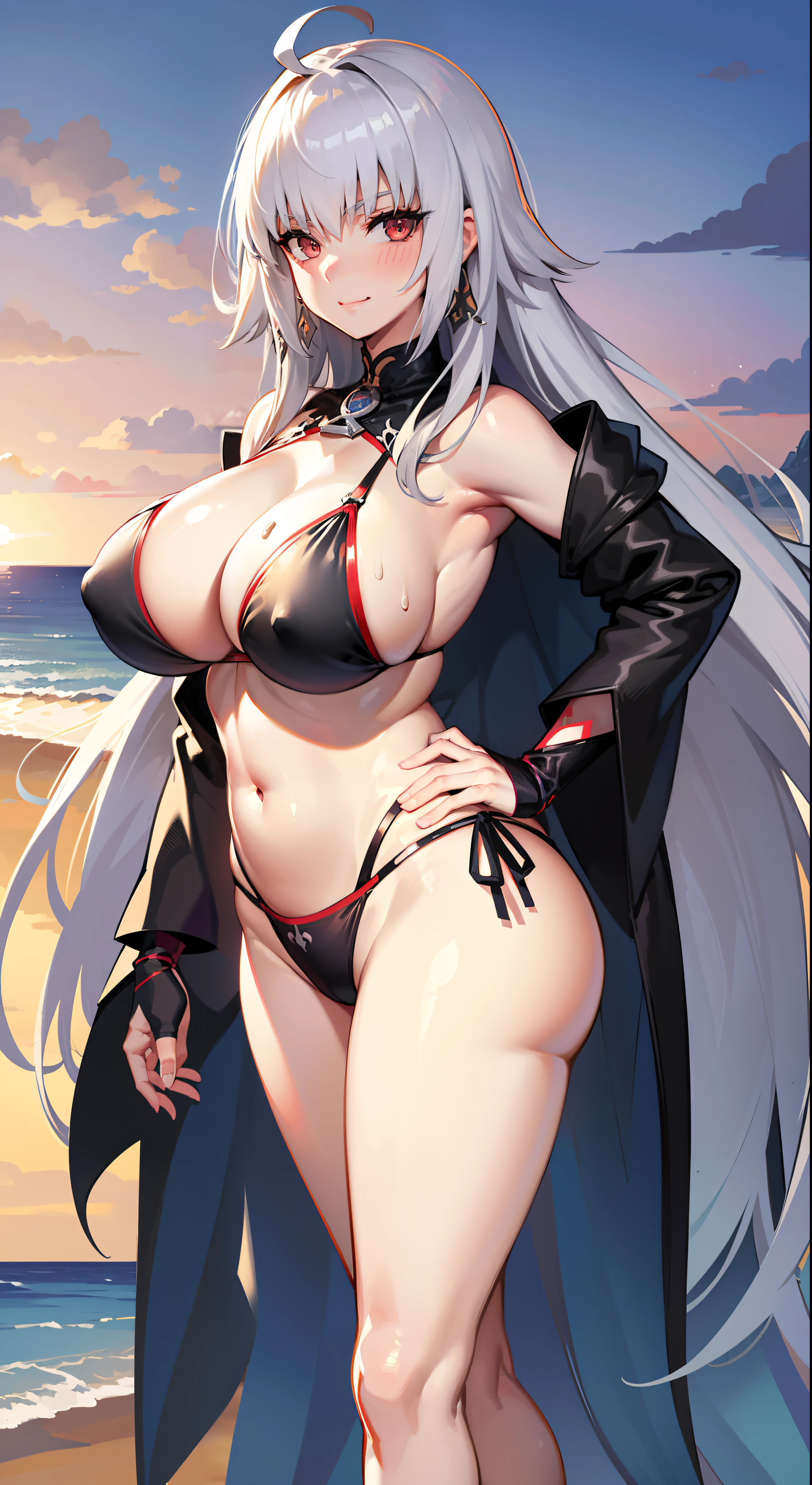 1 woman, Jeanne d'Arc alter(Berserker)(Fate Grand Order), erect tits, gigantic cleavage breasts, sexy big buttocks, looking at the audience, belly button, very wet beautiful glamorous body, very long silver hair, ahoge hair ,2 human hands, five fingers, black red bikini swimsuit, standing style, overall view, summer sea side beach, on beach, afternoon, summer sky, sunshine, Masterpiece, UHD, highres, best quality, UHD, high quality, best quality, highres, UHD, highres, best quality, UHD, high quality, best quality, highres, smile, sexy very big breast, sexy big butt, (beautiful_face:1.5), big breasts insertion, wedding ring on the finger