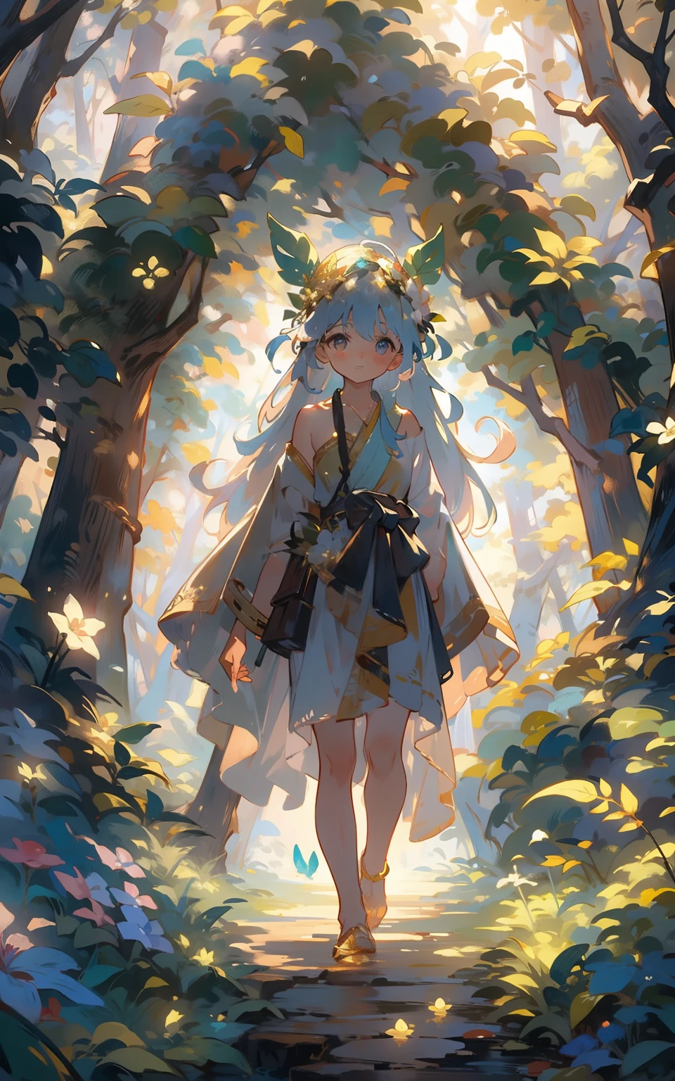 A woman in a dress walking through a forest with leaves - SeaArt AI