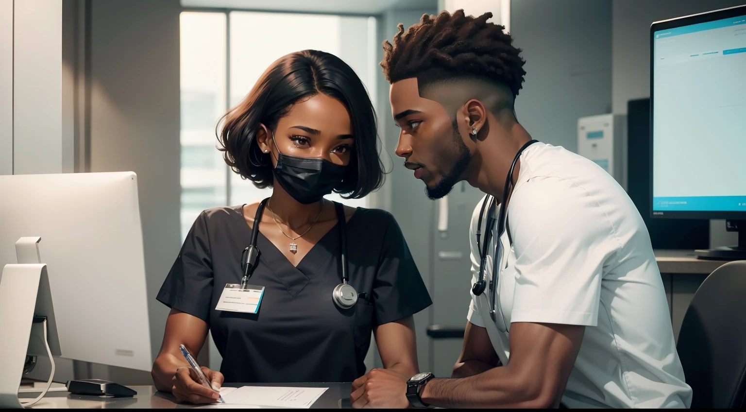 BLACK MAN working in the area of clinical research of the medical center, conversando com mulher negra em um hospital, no ano de 1980
