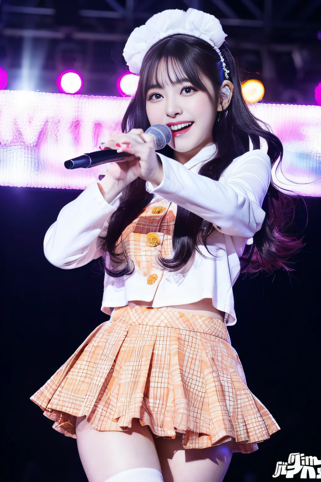 「NSFW」4k、high-detail、japanaese girl、Healthy skin、modeled、Beautiful leg mini skirt、kawaii faces、Popular Japan idols with a smile、Big eye false eyelashes、(((Dancing and singing on stage)))、Lit up、jumpping、Korean adult idols、Mature costumes