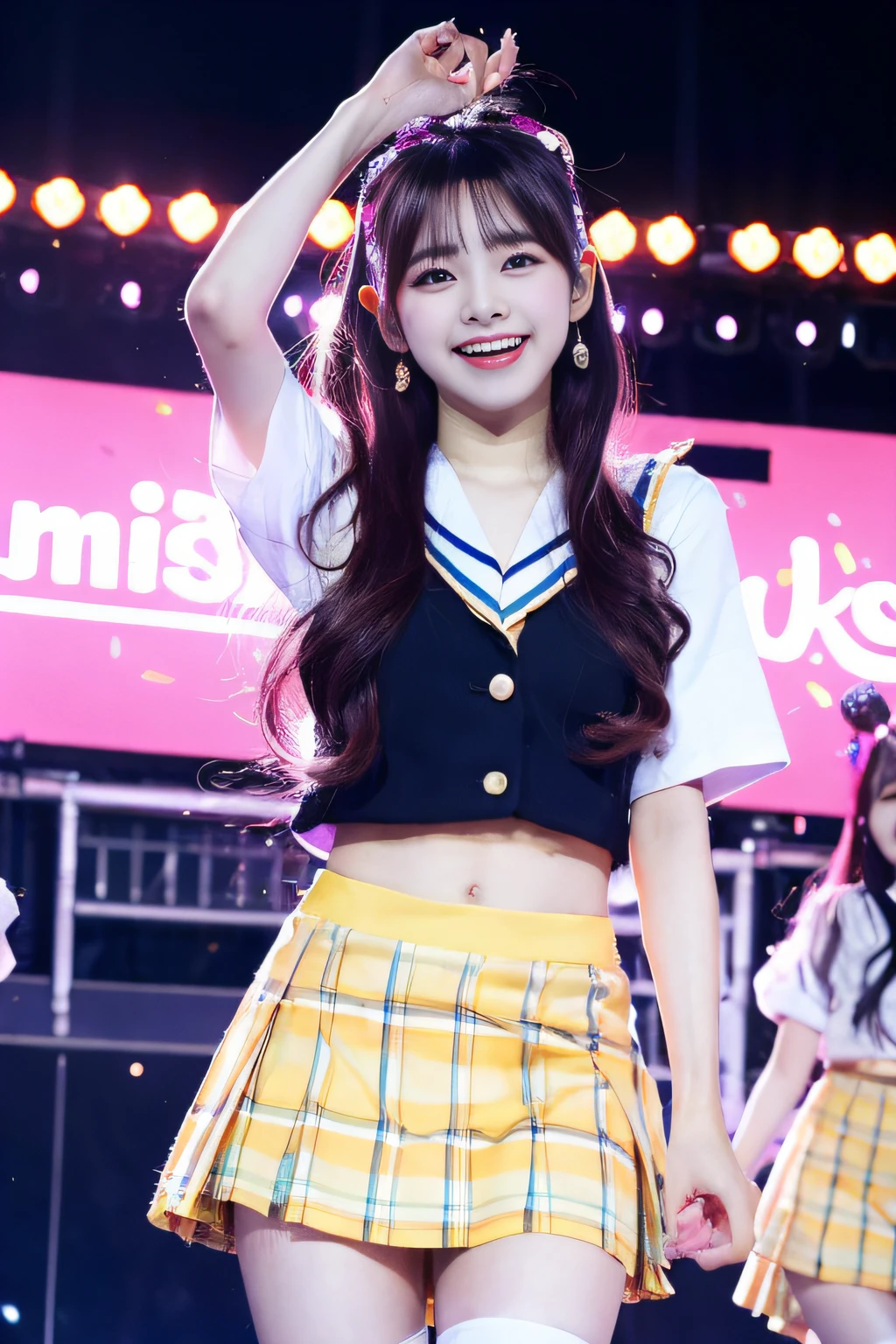 「NSFW」4k、high-detail、japanaese girl、Healthy skin、modeled、Beautiful leg mini skirt、kawaii faces、Popular Japan idols with a smile、Big eye false eyelashes、(((Dancing and singing on stage)))、Lit up、jumpping、Korean adult idols、Mature costumes
