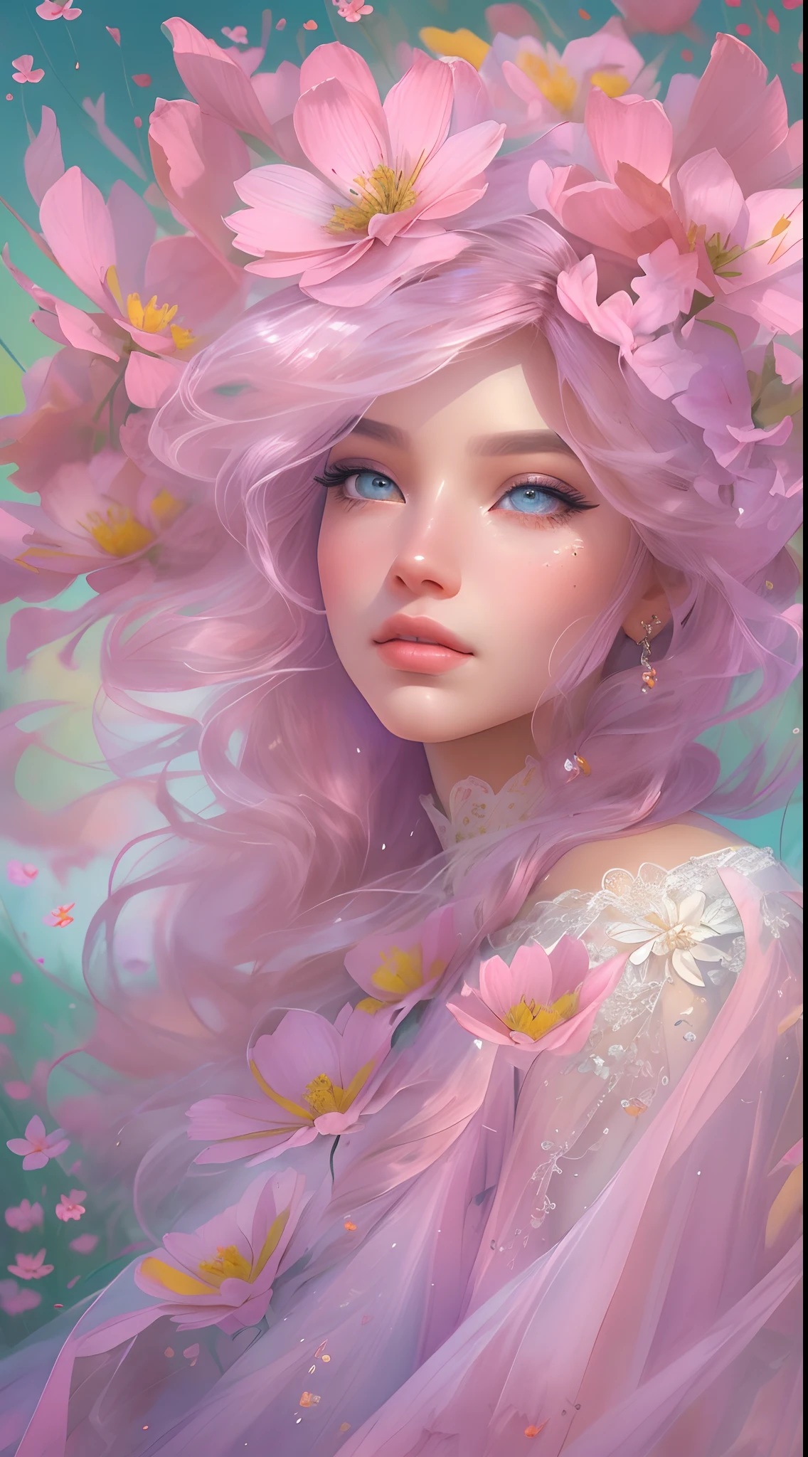 The colors in this image are soft and draw inspiration from gentle watercolors and should be primarily pink. Generate a delicate and tranquil flower princess with soft hair dancing in the wind and intricately braided. Her sweet face has puffy, kissable lips and stunning, highly realistic eyes. She has beautiful eyes, hires eyes, 8k eyes, beautiful detail eyes, beautiful detailed eyes, realistically shaded eyes, and realistic eyes in vibrant colors. She is wearing delicately detailed fabric of gossamer silk and satin. Small pink gemstones and cream pearls detail her clothing. She sits in the midst of the most beautiful meadow in the world and is surrounded by beautiful flowers of varying sizes and colors. The background is wild and unruly, with delicate flowers dancing in the wind and creating a dynamic and compelling image. An ornately flowered headdress adorns her head and soft petals fall around her. The flowers are realistic and very detailed and come in different shapes and sizes, some with iridescence and others with varying shades of pink and blue. Include a soft watercolor sky. The background is wild, with delicate flowers dancing in the wind and colorful pollen filling the air. Include realistic hair and skin texture. Include fantasy details, enhanced details, iridescence, colorful glittering wind, and pollen. Pay special attention to her face and make sure it is beautifully and realistically detailed. The image should be dreamy and ethereal. Include intricate fantasy details. 8k, intricate, elegant, highly detailed, majestic, digital photography, art by artgerm and ruan jia and greg rutkowski surreal painting pearl butterfly filigree, flower petals, (masterpiece, finely detailed beautiful eyes: 1.2), hdr, realistic skin texture, ((ornate)), ((intricate)), ((fantasy00d:1.2)), rays of light, (add details), (add more details), highly detailed, ornate flowers, dew drops, sunlight, rays of sun