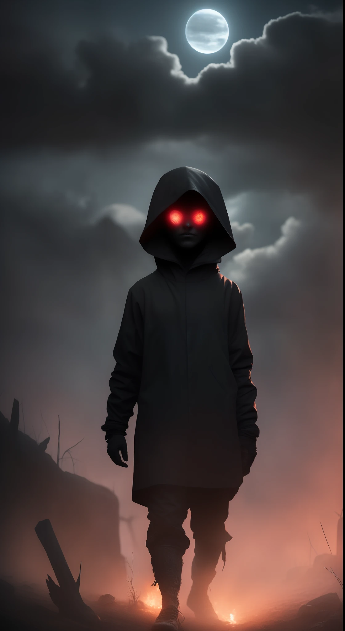 a close up of a person walking in the dirt with a hood on, with red glowing eyes, red glowing eyes, with glowing red eyes, red eyes glowing, glowing red eyes, evil smile and glowing eyes, omen from valorant, with glowing eyes, wojtek fus, metal and glowing eyes, numerous dimly glowing eyes, glowing dark red eyes