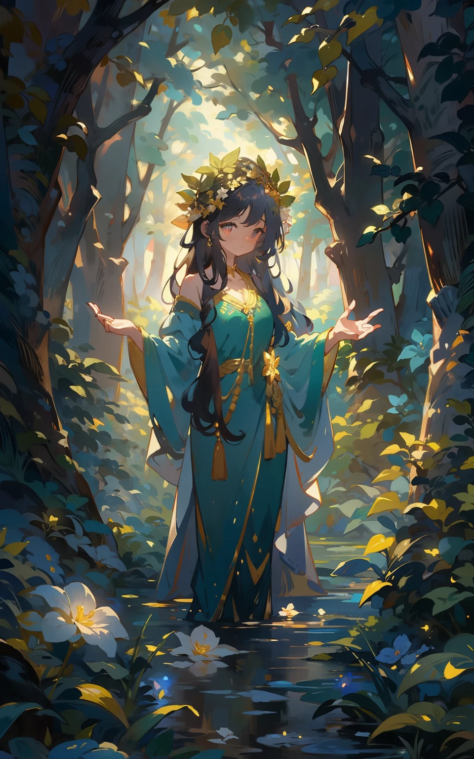 The goddess of the Secret Forest: In a mysterious forest,A goddess girl wears a gorgeous robe,Wearing a flower crown on his head,The eyes reveal wisdom and mystery。She stands in the middle of the forest,It is surrounded by green trees and a mysterious atmosphere,The whole scene is full of magic and magic。