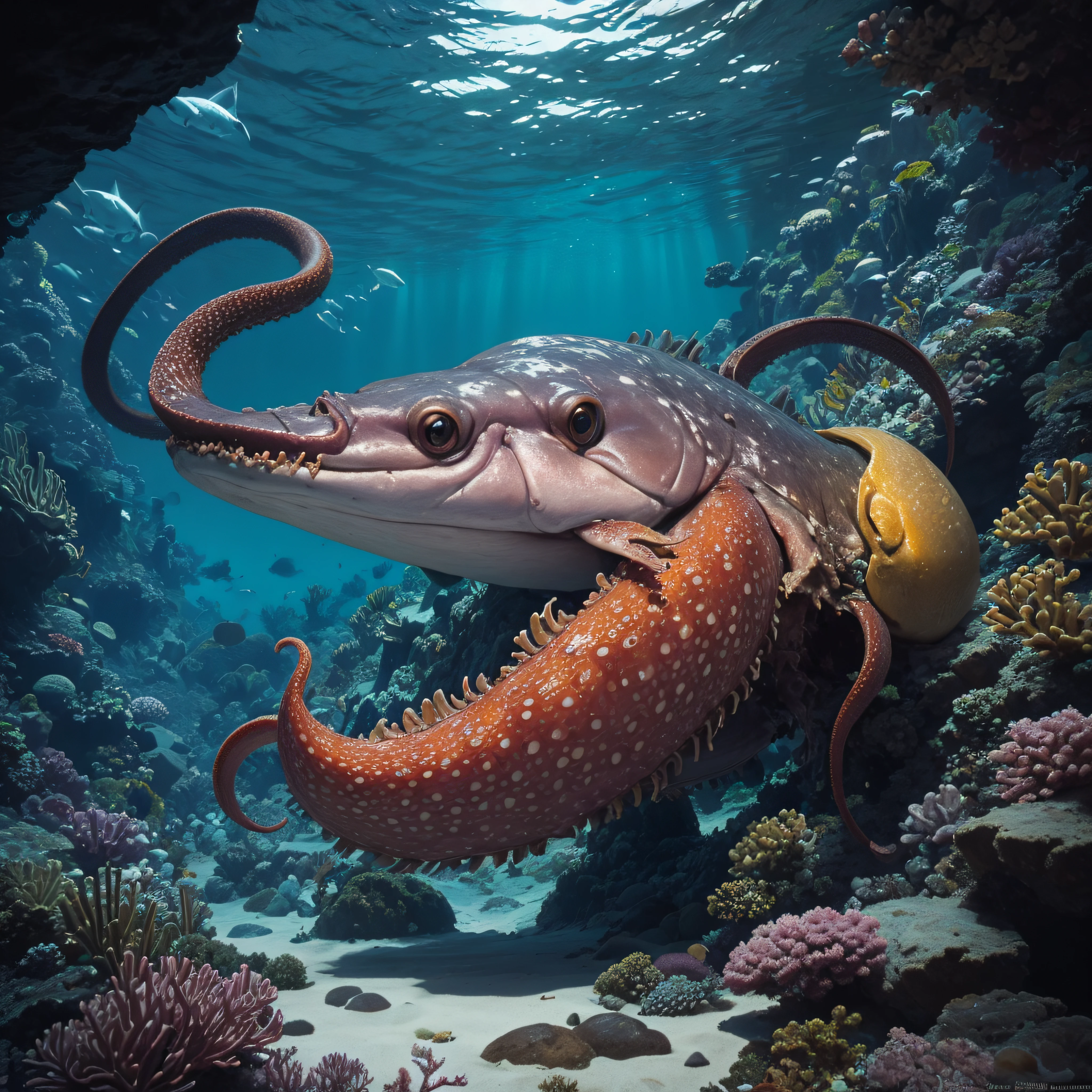 (extremadamente detallado, obra maestra, La mejor calidad, Under the Ocean), Estilo oscuro, volumetric illumination. armadura medieval, rostro con arrugas, lengua larga, tentacle, deforme, imagen submarina, pico de pulpo amenazante. manchas de tinta. Rococo composition. Luz de caravaggio