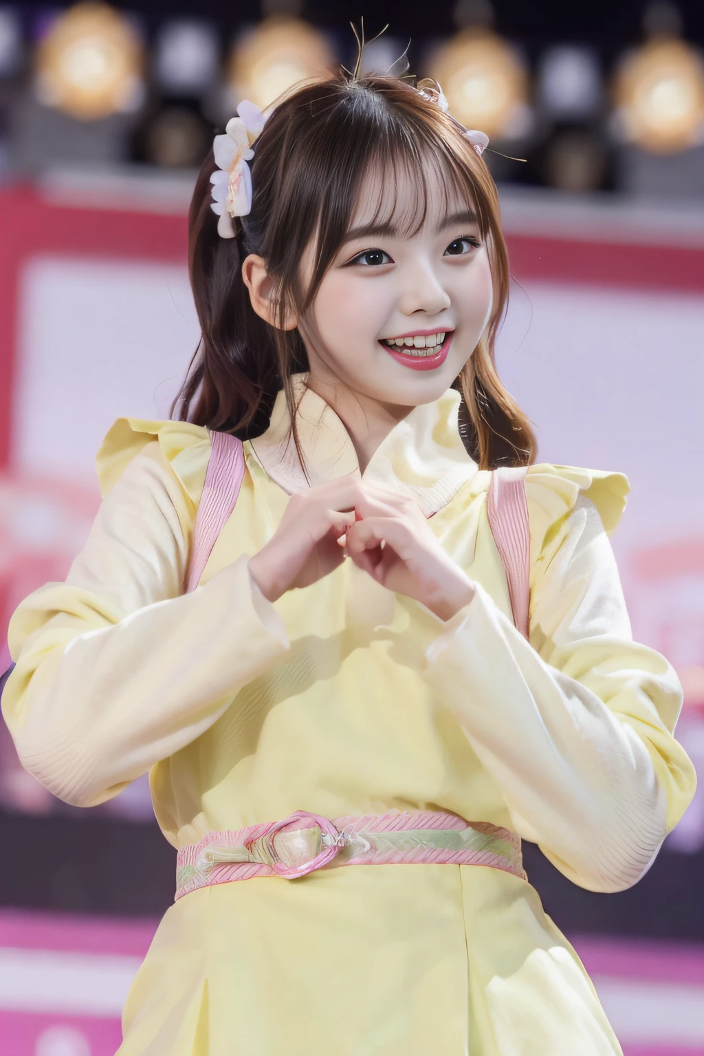 「NSFW」4k、high-detail、japanaese girl、Healthy skin、modeled、Fluttering Dresses、kawaii faces、Popular Japan idols with a smile、Big eye false eyelashes、(((Dancing and singing on stage)))、Lit up、jumpping、Korean adult idols、Mature costume