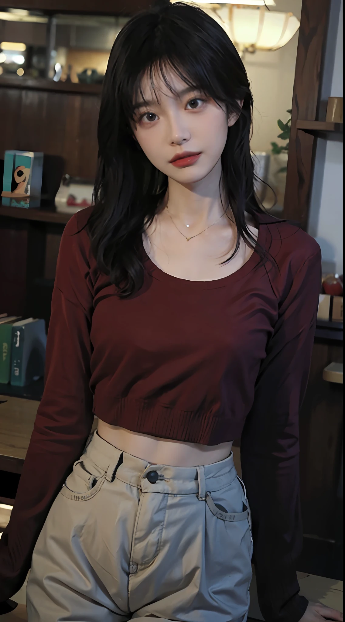 best qualtiy, 超高分辨率, (realisticlying:1.4),1girll, Baoyu Girl,lipsticks,,Cropped red sweater,a sense of atmosphere,Beautiful woman with a slim figure:1.4, Abs:1.1, 浴室,Ultra-fine face,Leather clothes,Elaborate Eyes,二重まぶた,choker necklace