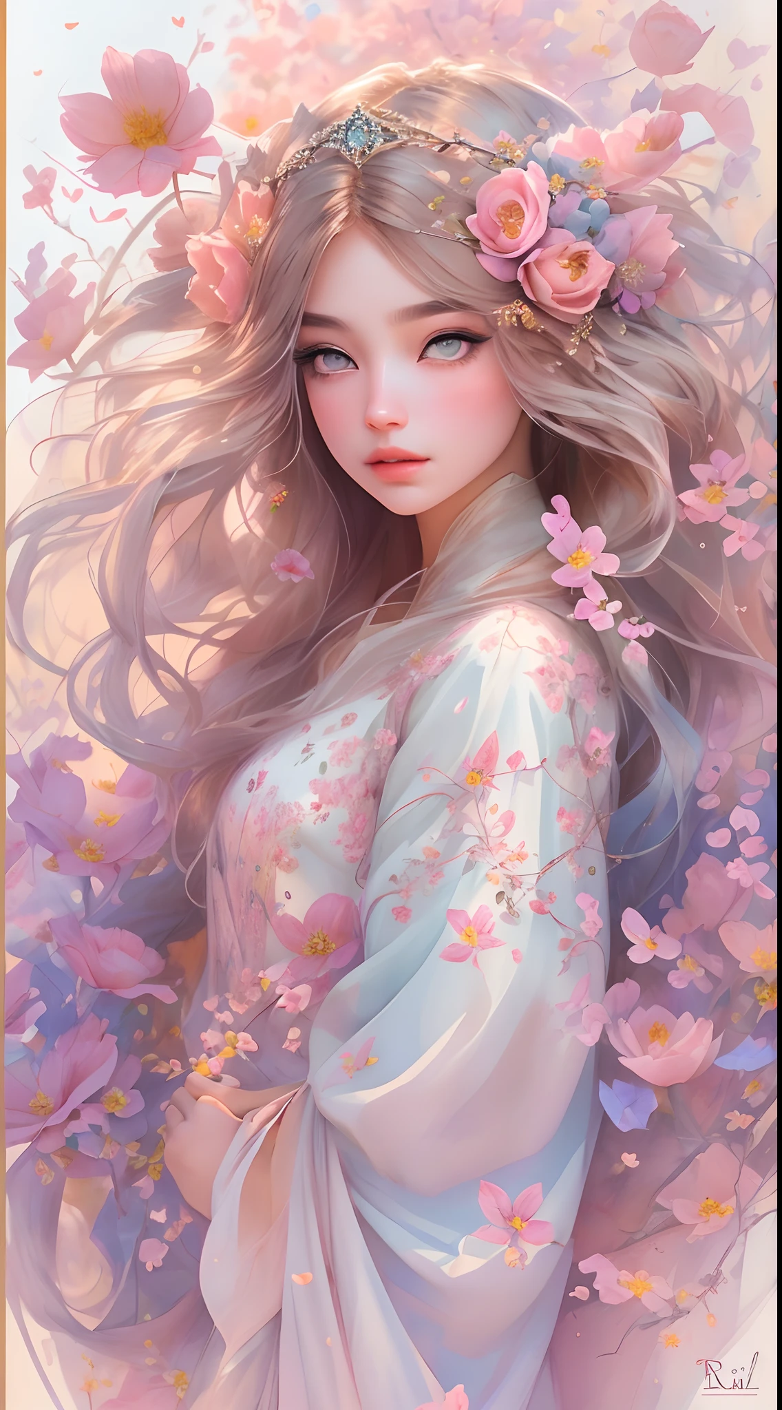 The colors in this image are soft and draw inspiration from gentle watercolors and should be primarily pink. Generate a delicate and tranquil flower princess with soft hair dancing in the wind and intricately braided. Her sweet face has puffy, kissable lips and stunning, highly realistic eyes. She has beautiful eyes, hires eyes, 8k eyes, beautiful detail eyes, beautiful detailed eyes, realistically shaded eyes, and realistic eyes in vibrant colors. She is wearing delicately detailed fabric of gossamer silk and satin. Small pink gemstones and cream pearls detail her clothing. She sits in the midst of the most beautiful meadow in the world and is surrounded by beautiful flowers of varying sizes and colors. The background is wild and unruly, with delicate flowers dancing in the wind and creating a dynamic and compelling image. An ornately flowered headdress adorns her head and soft petals fall around her. The flowers are realistic and very detailed and come in different shapes and sizes, some with iridescence and others with varying shades of pink and blue. Include a soft watercolor sky. The background is wild, with delicate flowers dancing in the wind and colorful pollen filling the air. Include realistic hair and skin texture. Include fantasy details, enhanced details, iridescence, colorful glittering wind, and pollen. Pay special attention to her face and make sure it is beautifully and realistically detailed. The image should be dreamy and ethereal. Include intricate fantasy details. 8k, intricate, elegant, highly detailed, majestic, digital photography, art by artgerm and ruan jia and greg rutkowski surreal painting pearl butterfly filigree, flower petals, (masterpiece, finely detailed beautiful eyes: 1.2), hdr, realistic skin texture, ((ornate)), ((intricate)), ((fantasy00d:1.2)), rays of light, (add details), (add more details), highly detailed, ornate flowers, dew drops, sunlight, rays of sun