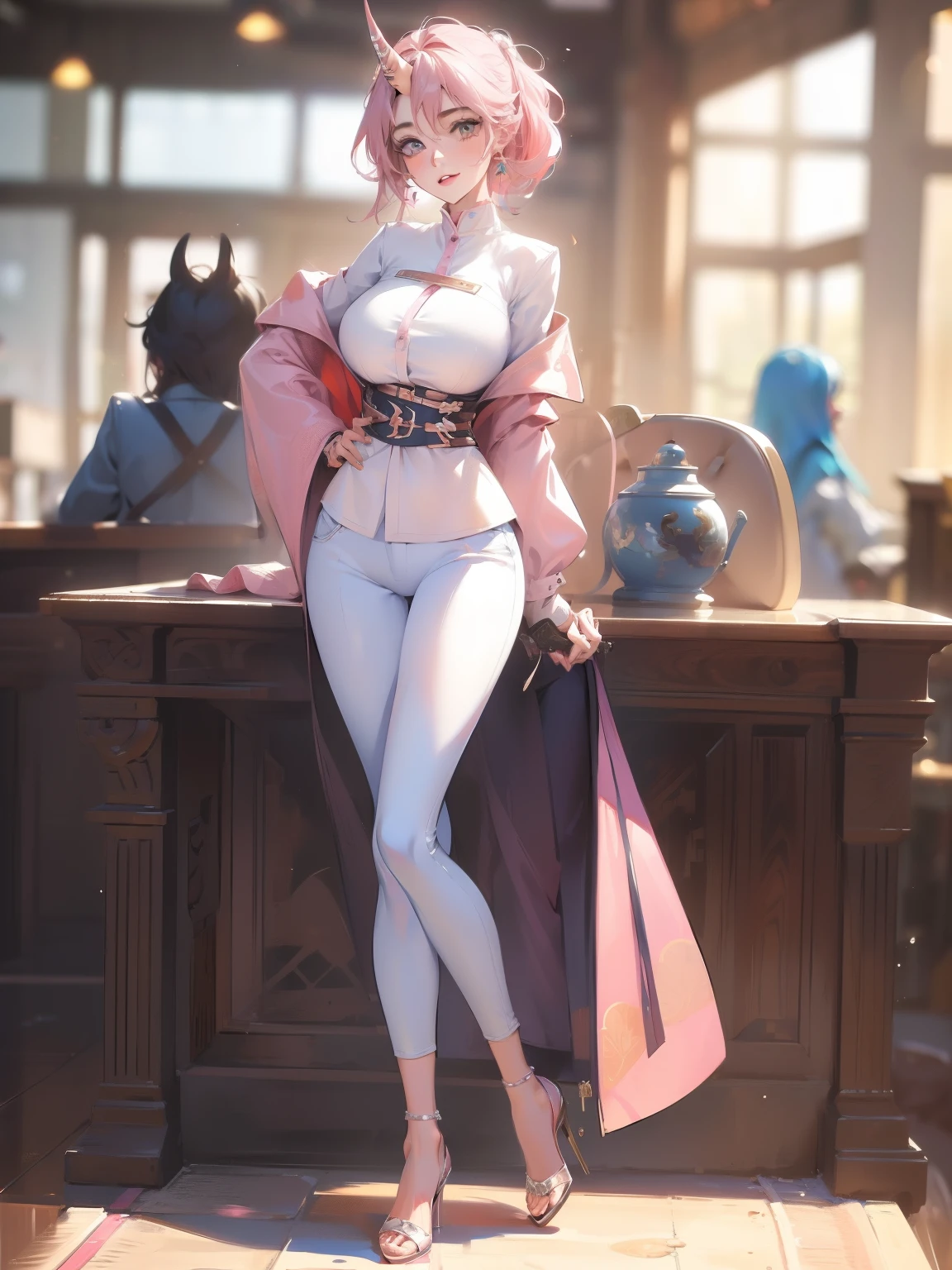 ((masterpiece, best)),(1girl),((mature woman)),light pink colored hair,big-areola,horn,((office lady)),By bangs,middlebreast,(full),slim,ssmile,[Wide buttock]，office room，skinny pants，standing on your feet，aru \（bluearchive\），