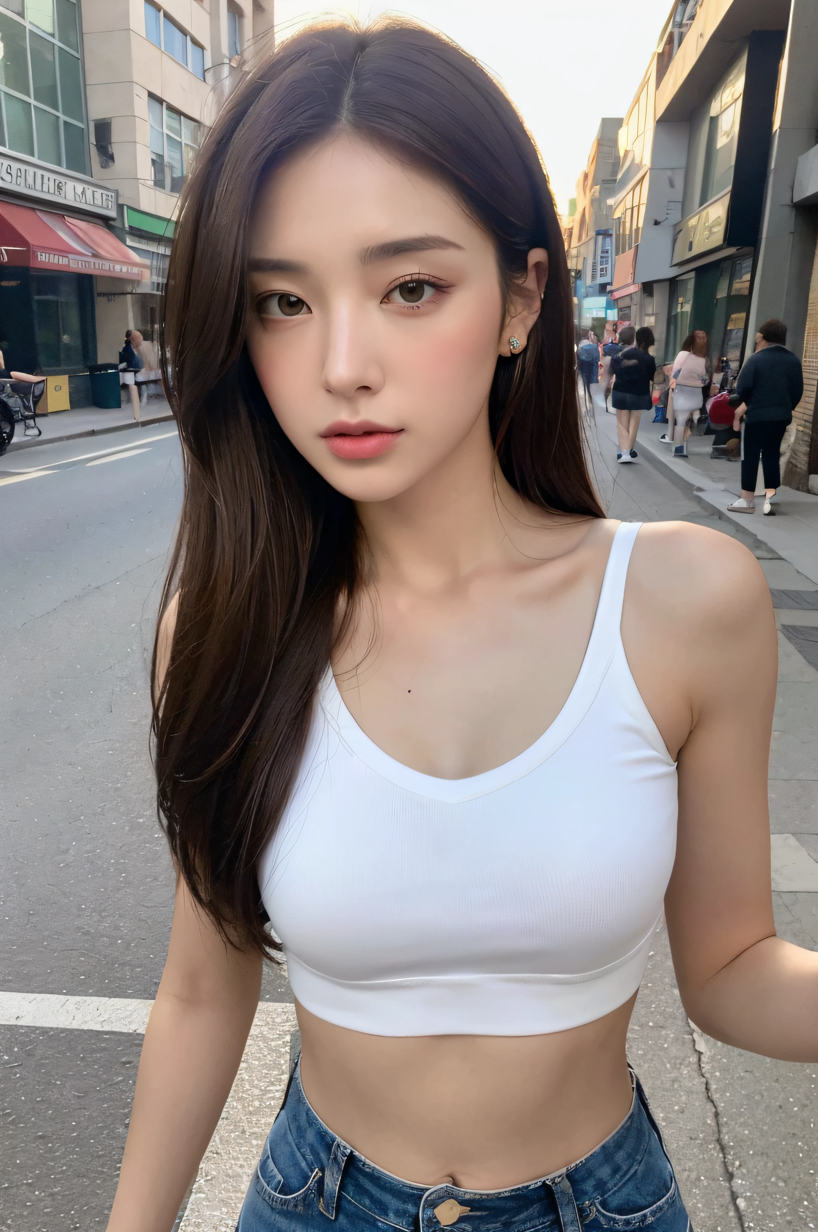 ((Realistic lighting, Best quality, 8K, Masterpiece: 1.3)), Clear focus: 1.2, 1girl, Perfect beauty: 1.4, Big breasts: 1.2, Slim abs: 1.1, ((dark brown hair)), (White crop top: 1.4), (Outdoor, night: 1.1), City streets, Super fine face, fine eyes, Double eyelids,