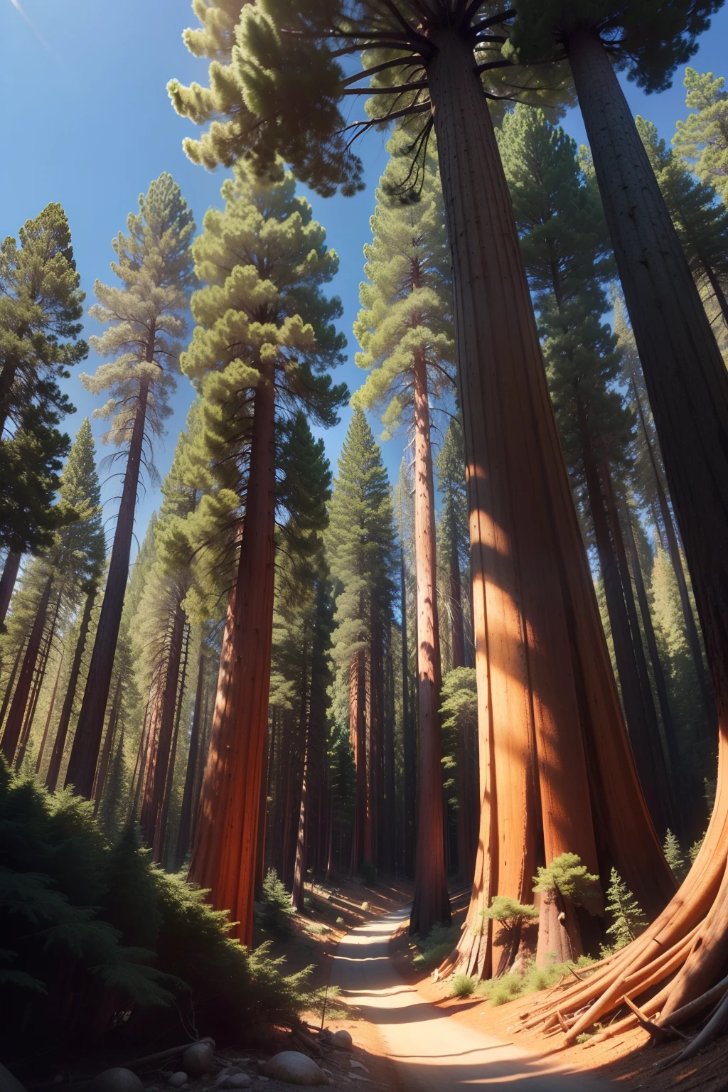 view from the copter Dense forest of sequoias with tall trunks, Thick branches, The camera looks directly at the horizon, In the background is a blue sky and mountains , And there are a few specks of dust in the air, Blur in bokeh out of focus;, There are small white clouds in the sky, hyper realistic,