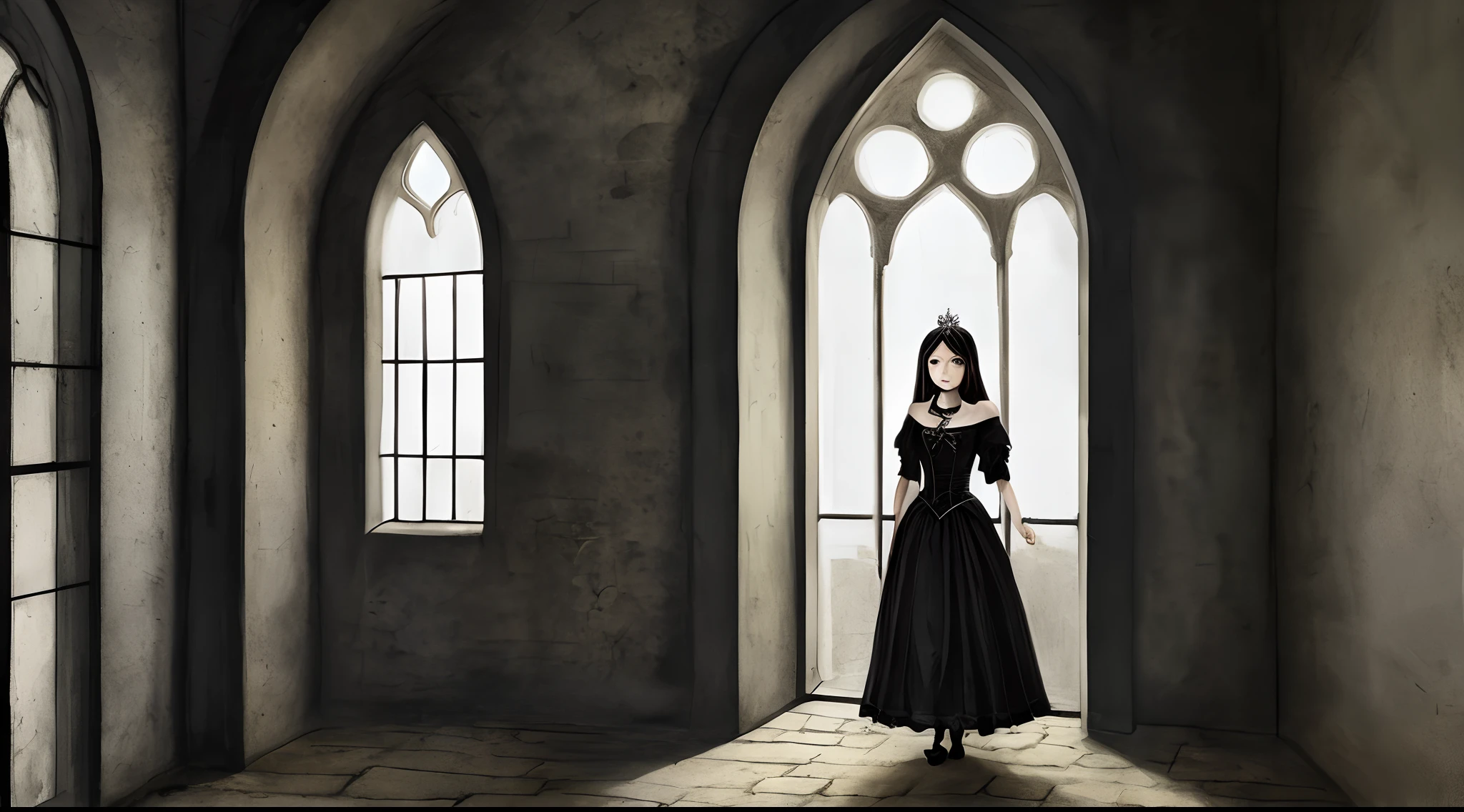 A princess in a gloomy cell in a bound Gothic style